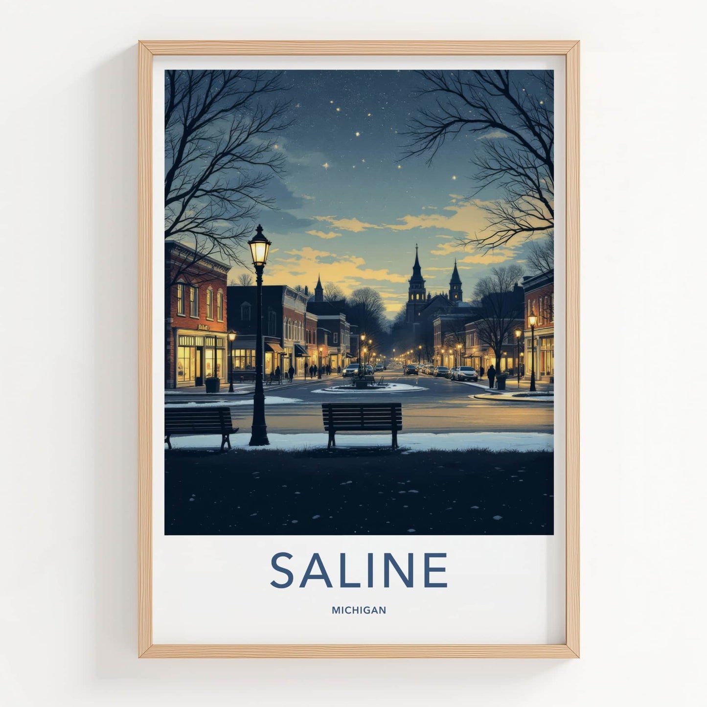 Saline Poster - Michigan Wall Art - Starry Winter Streetscape Home Decor