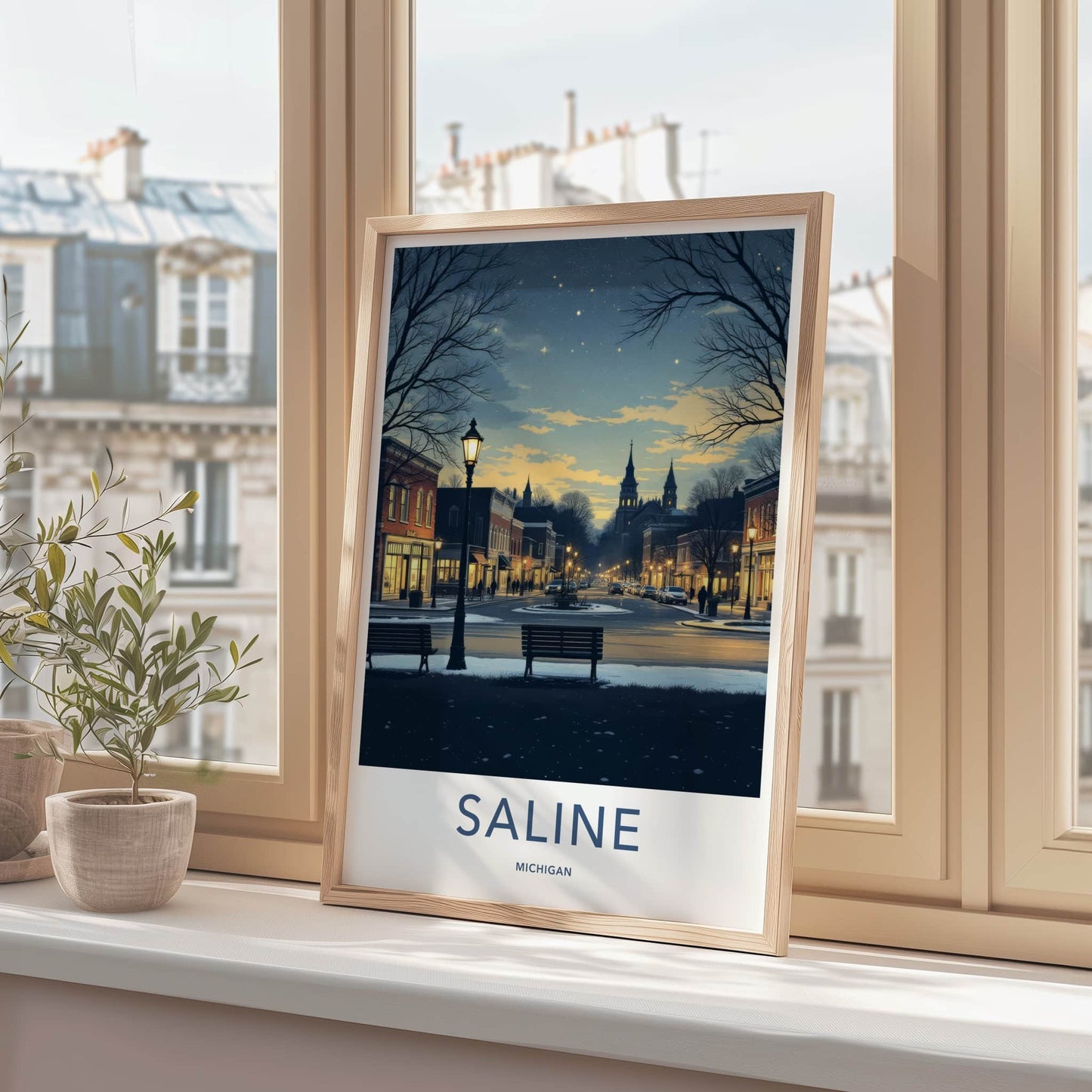 Saline Poster - Michigan Wall Art - Starry Winter Streetscape Home Decor