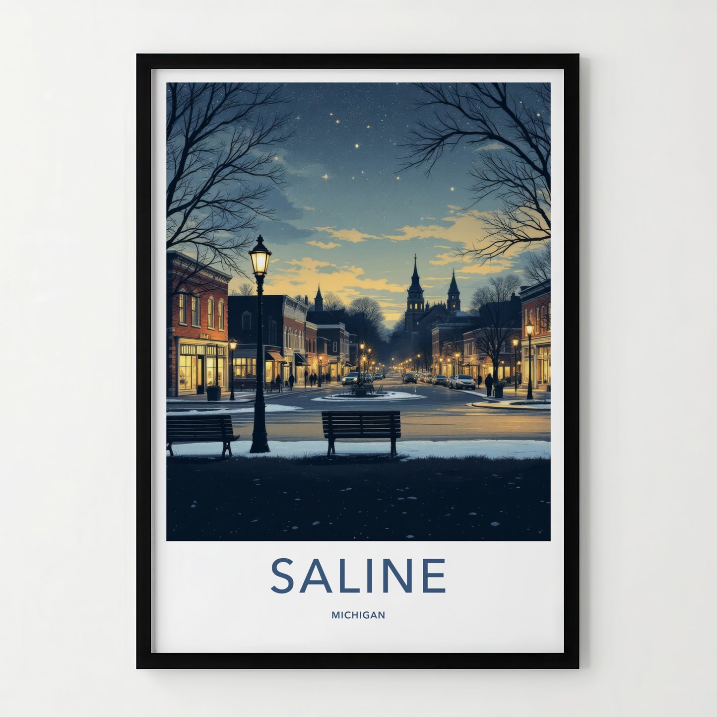 Saline Poster - Michigan Wall Art - Starry Winter Streetscape Home Decor