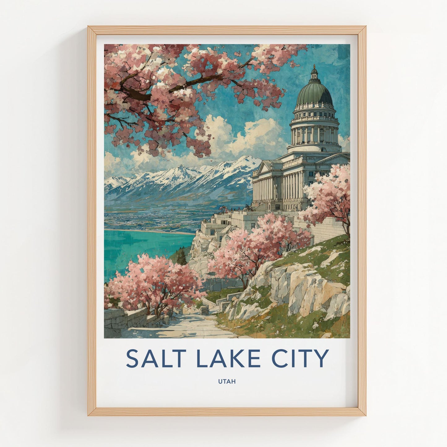 Salt Lake City Poster - Utah Travel Art - Spring Blossom Capitol Wall Decor