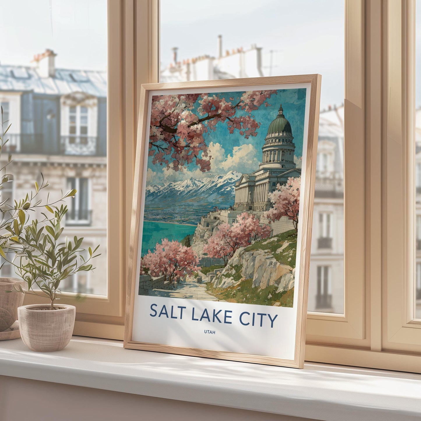 Salt Lake City Poster - Utah Travel Art - Spring Blossom Capitol Wall Decor