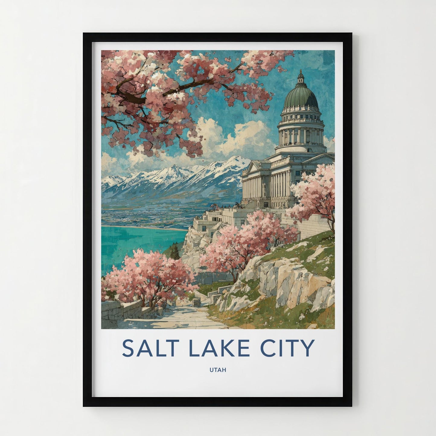 Salt Lake City Poster - Utah Travel Art - Spring Blossom Capitol Wall Decor