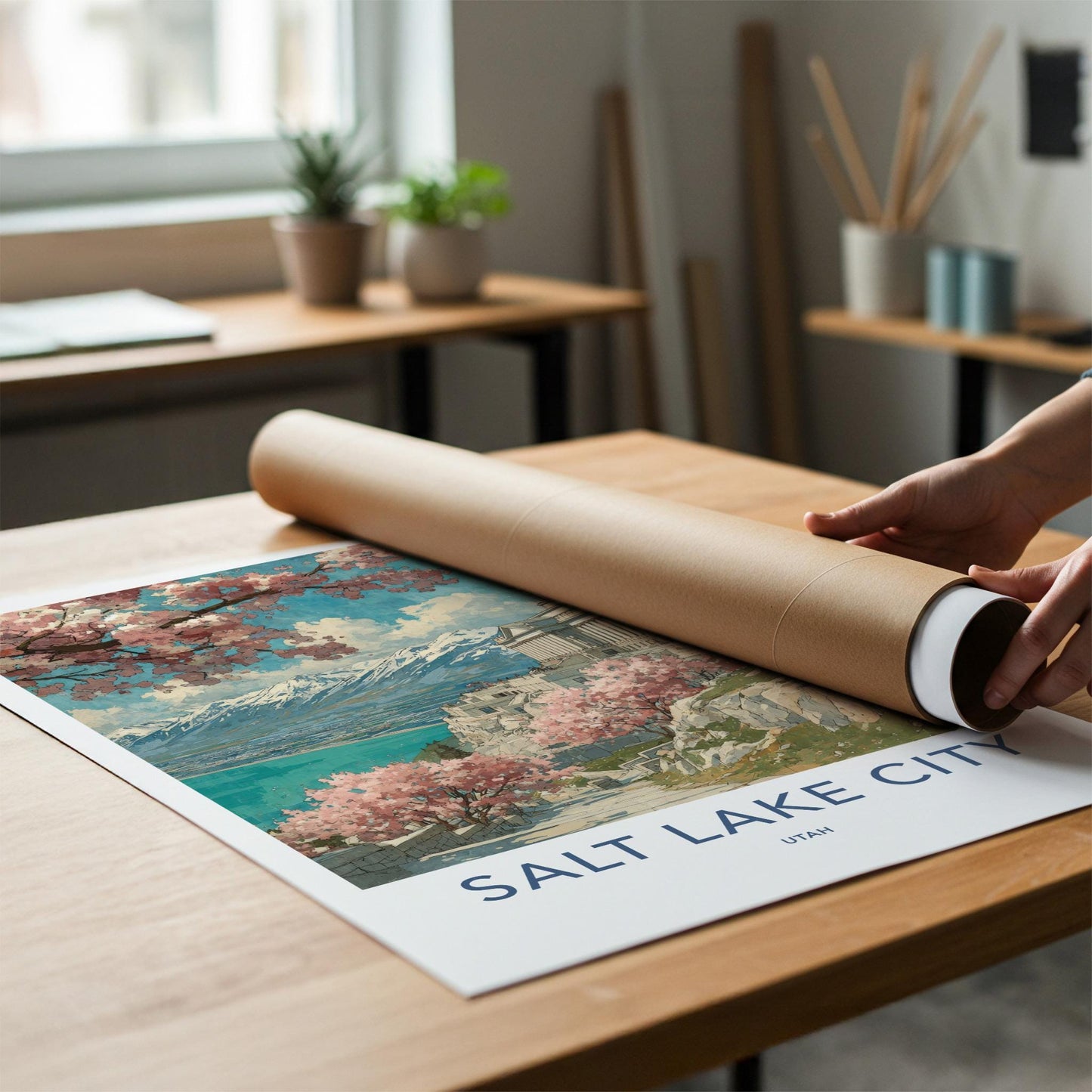 Salt Lake City Poster - Utah Travel Art - Spring Blossom Capitol Wall Decor