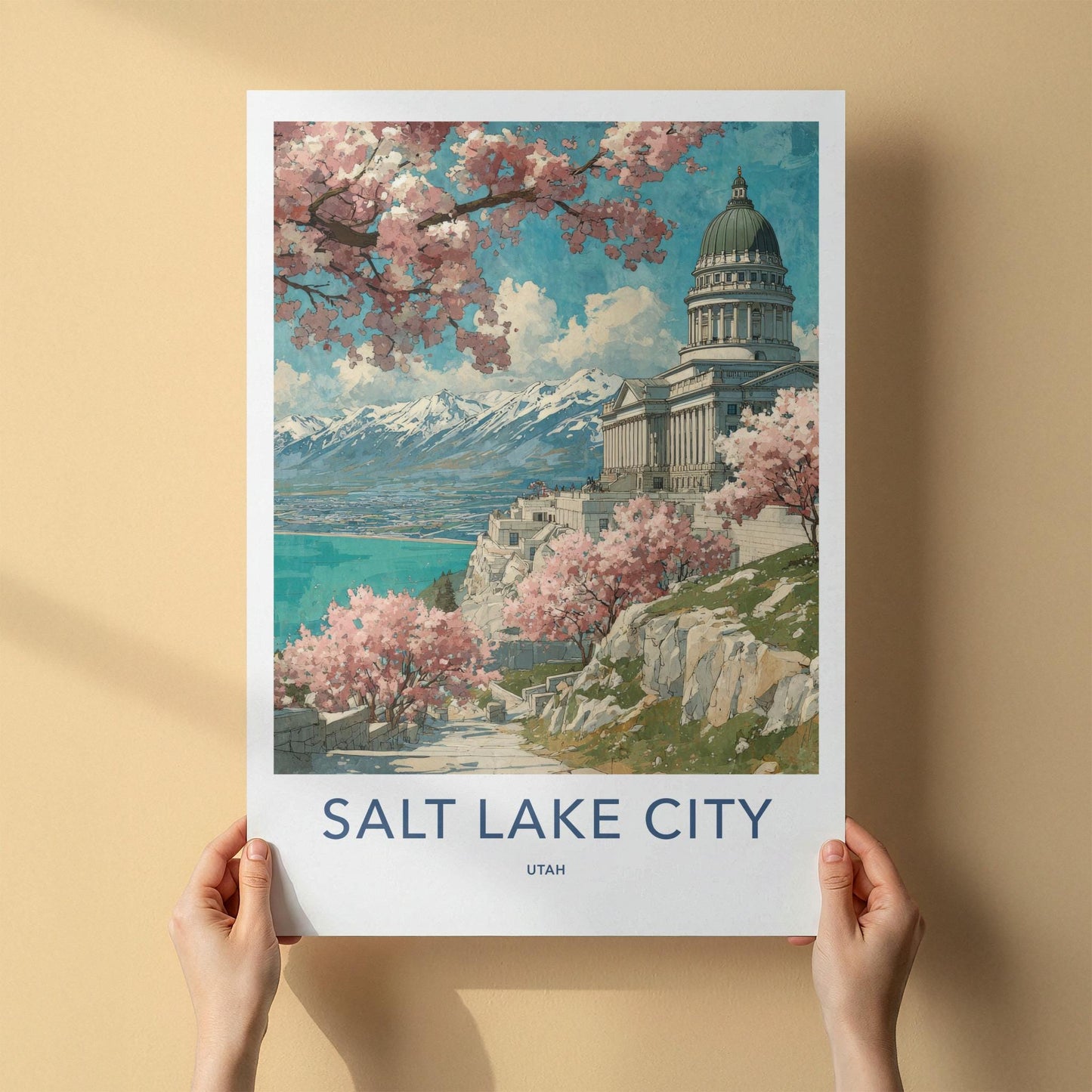 Salt Lake City Poster - Utah Travel Art - Spring Blossom Capitol Wall Decor
