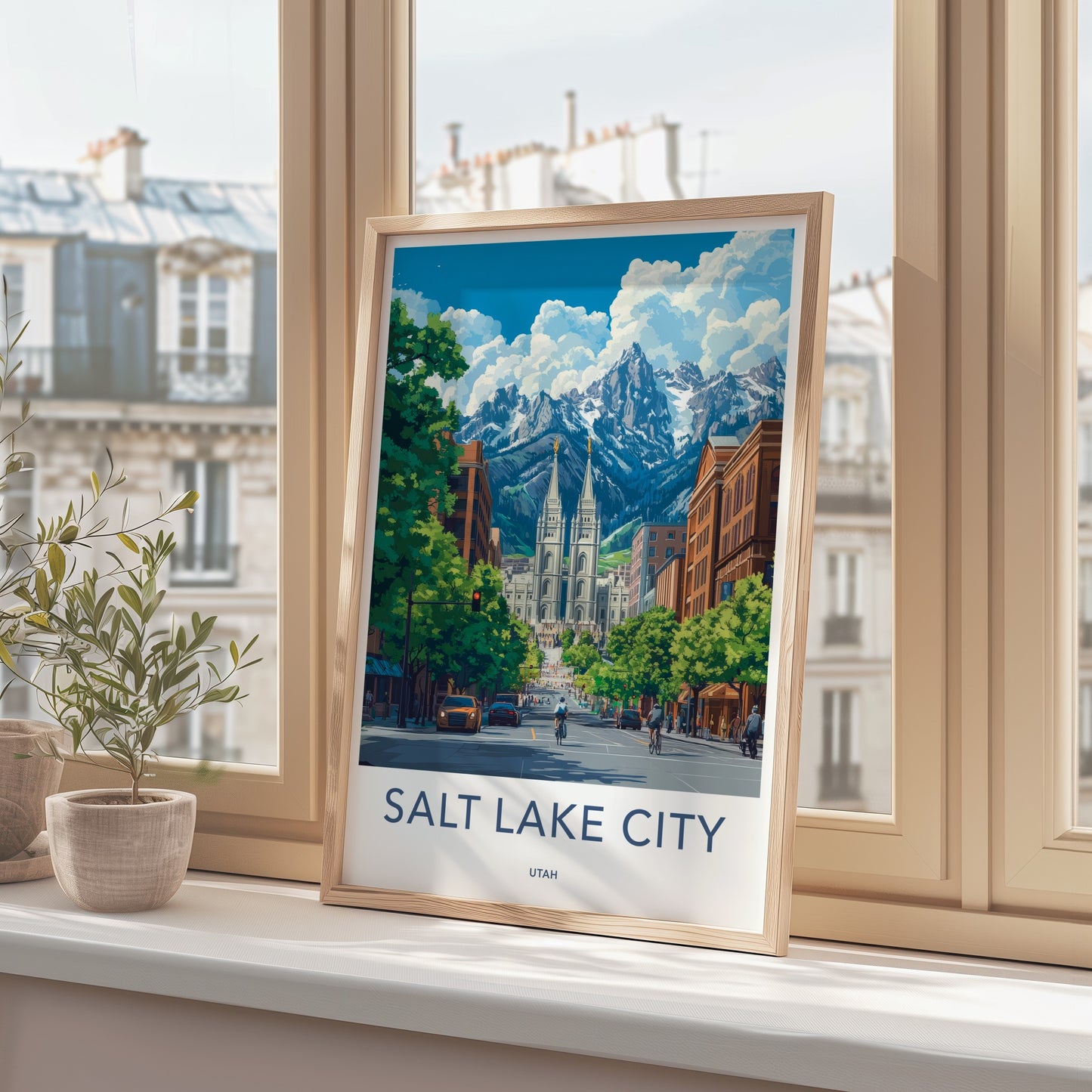 Salt Lake City Poster - Utah Travel Art - Urban Temple Mountains Wall Decor
