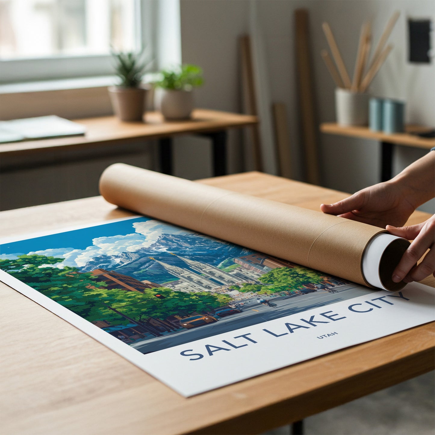Salt Lake City Poster - Utah Travel Art - Urban Temple Mountains Wall Decor
