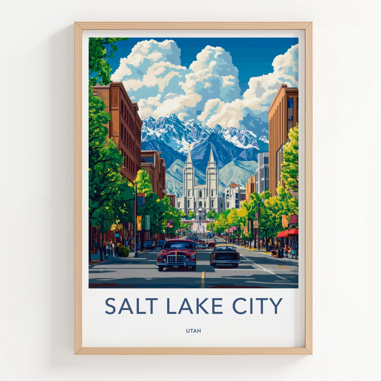 Salt Lake City Poster - Utah Travel Art - Vintage Cars Temple Home Decor