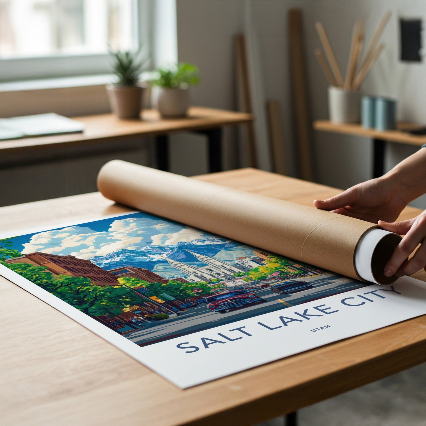Salt Lake City Poster - Utah Travel Art - Vintage Cars Temple Home Decor