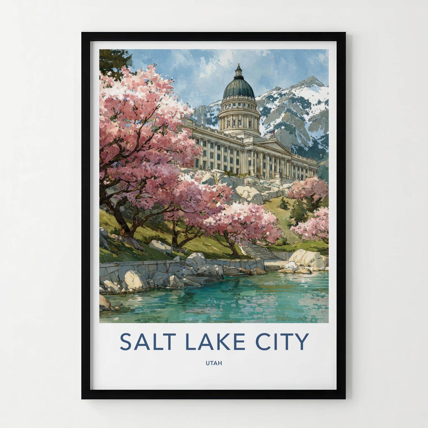 Salt Lake City Poster - Utah Wall Art - Blossoms Lake Capitol Home Decor
