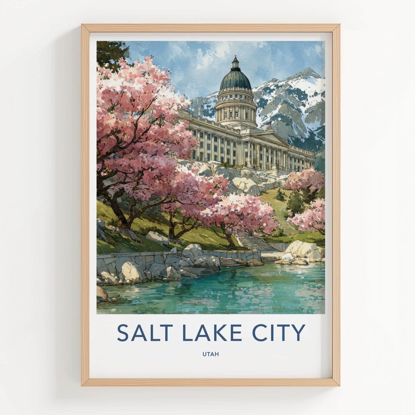 Salt Lake City Poster - Utah Wall Art - Blossoms Lake Capitol Home Decor