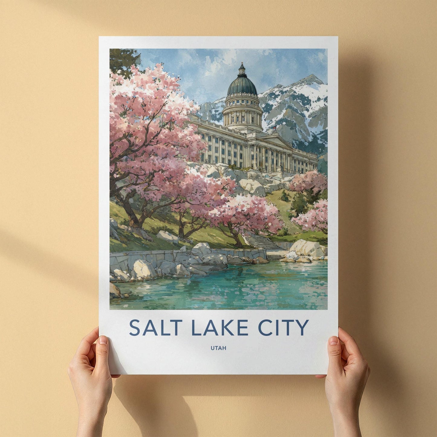 Salt Lake City Poster - Utah Wall Art - Blossoms Lake Capitol Home Decor