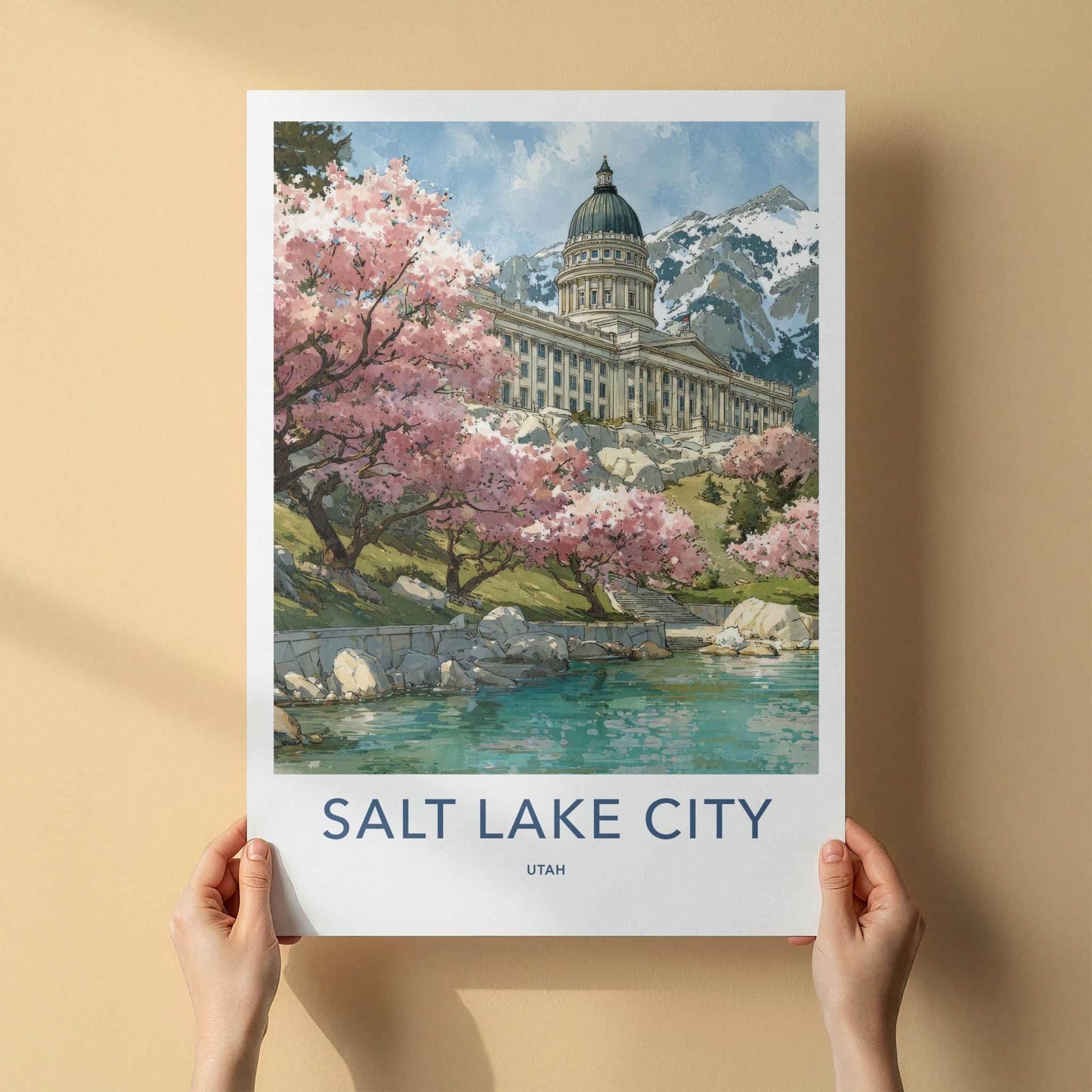 Salt Lake City Poster - Utah Wall Art - Blossoms Lake Capitol Home Decor