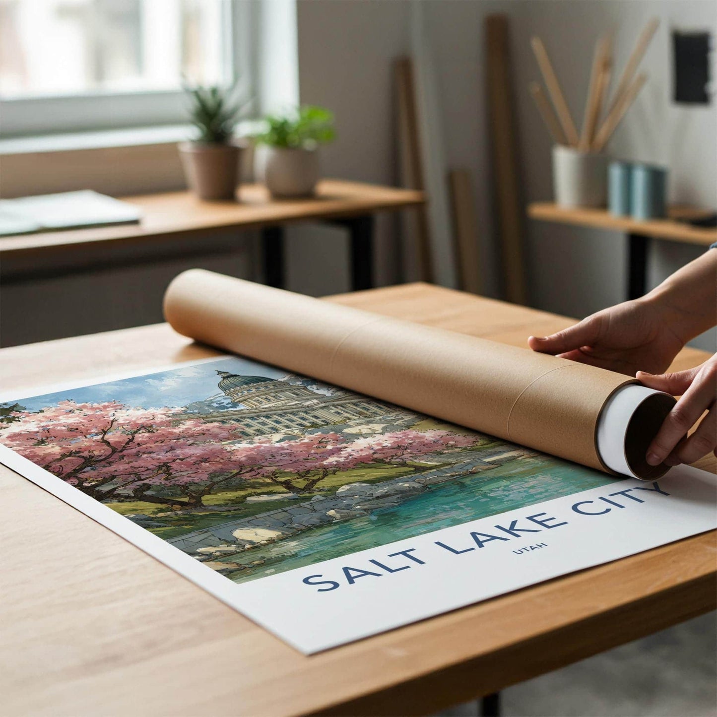 Salt Lake City Poster - Utah Wall Art - Blossoms Lake Capitol Home Decor