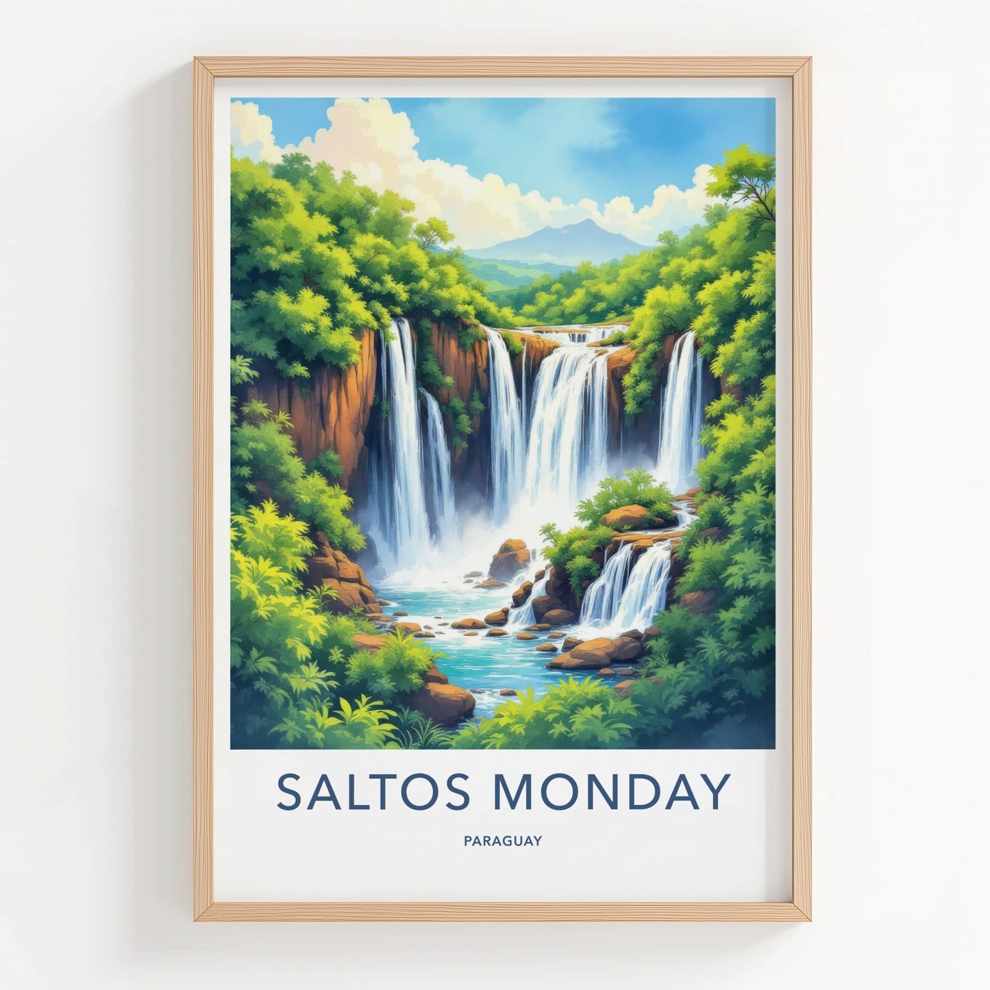 Salto Monday Poster - Paraguay Travel Art - Cascading Jungle Falls Wall Decor