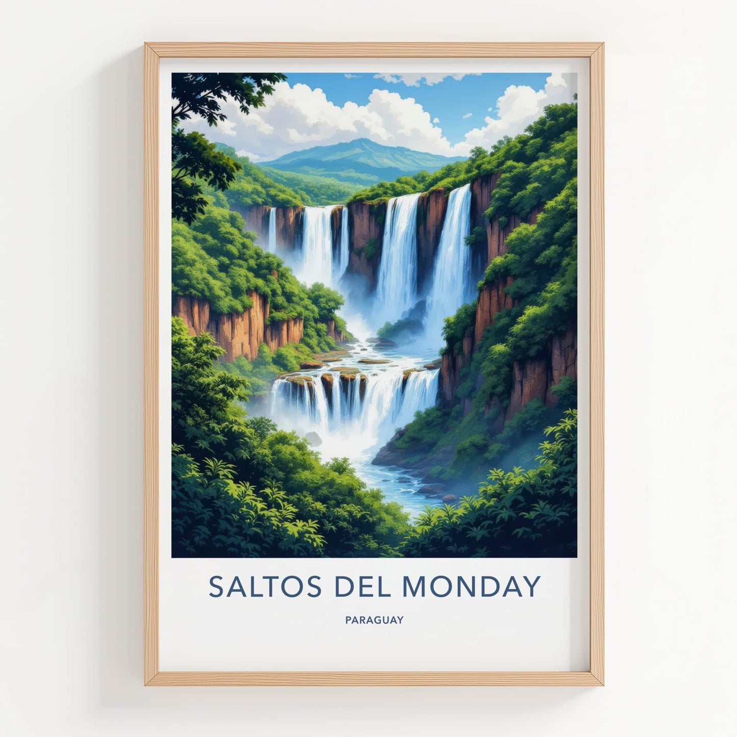 Saltos del Monday Poster - Paraguay Travel Art - Lush Cliffside Falls Home Decor