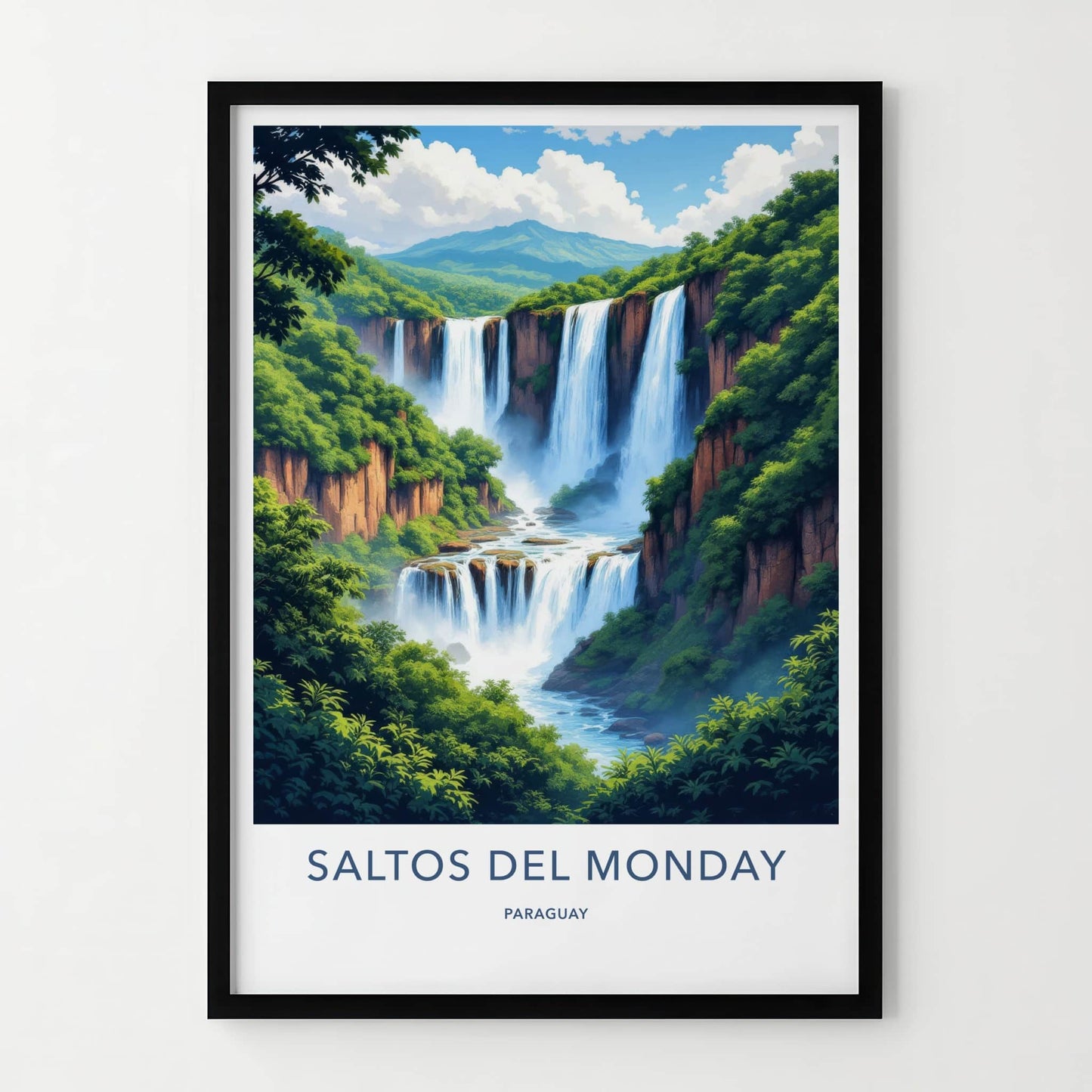 Saltos del Monday Poster - Paraguay Travel Art - Lush Cliffside Falls Home Decor