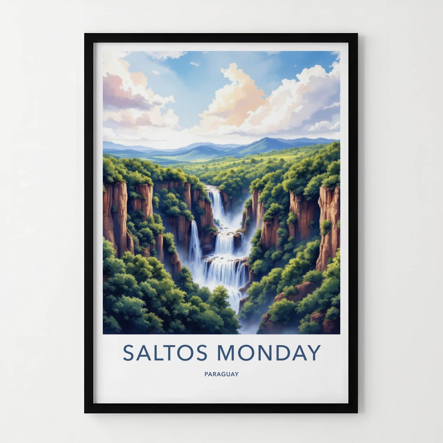 Saltos Monday Poster - Paraguay Travel Art - Majestic Cliff Waterfalls Wall Decor