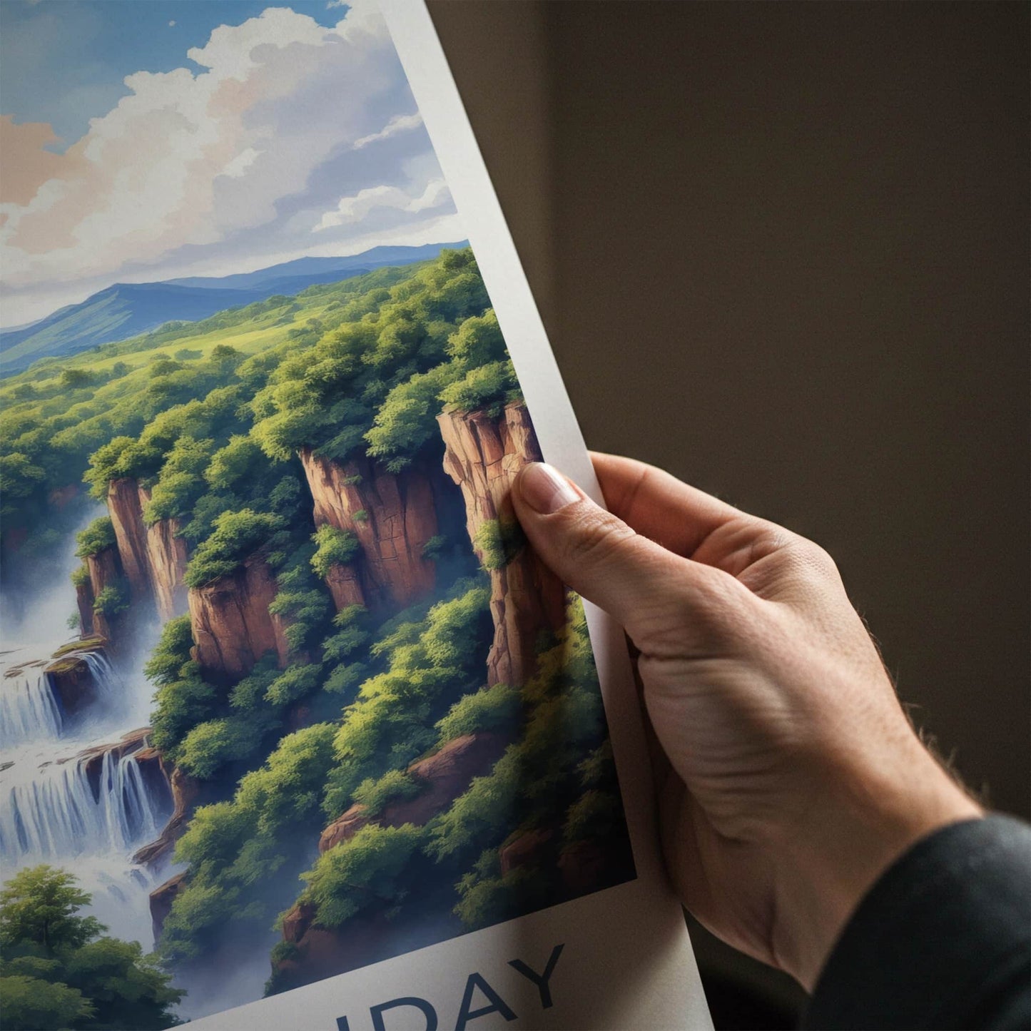 Saltos Monday Poster - Paraguay Travel Art - Majestic Cliff Waterfalls Wall Decor