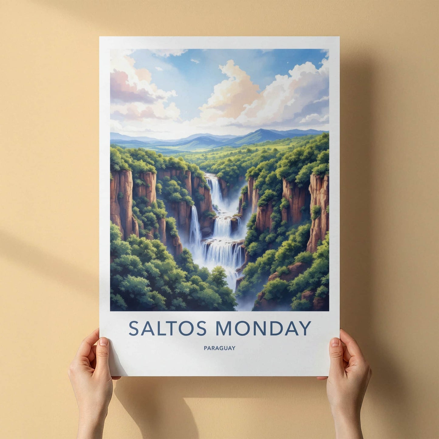Saltos Monday Poster - Paraguay Travel Art - Majestic Cliff Waterfalls Wall Decor