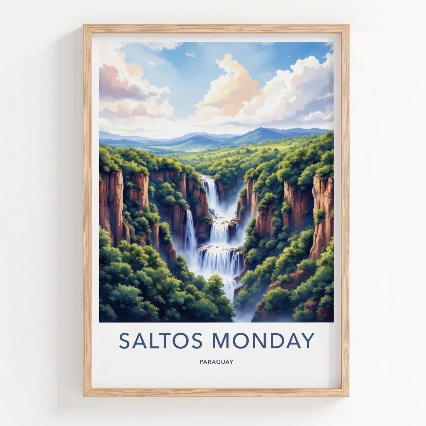 Saltos Monday Poster - Paraguay Travel Art - Majestic Cliff Waterfalls Wall Decor