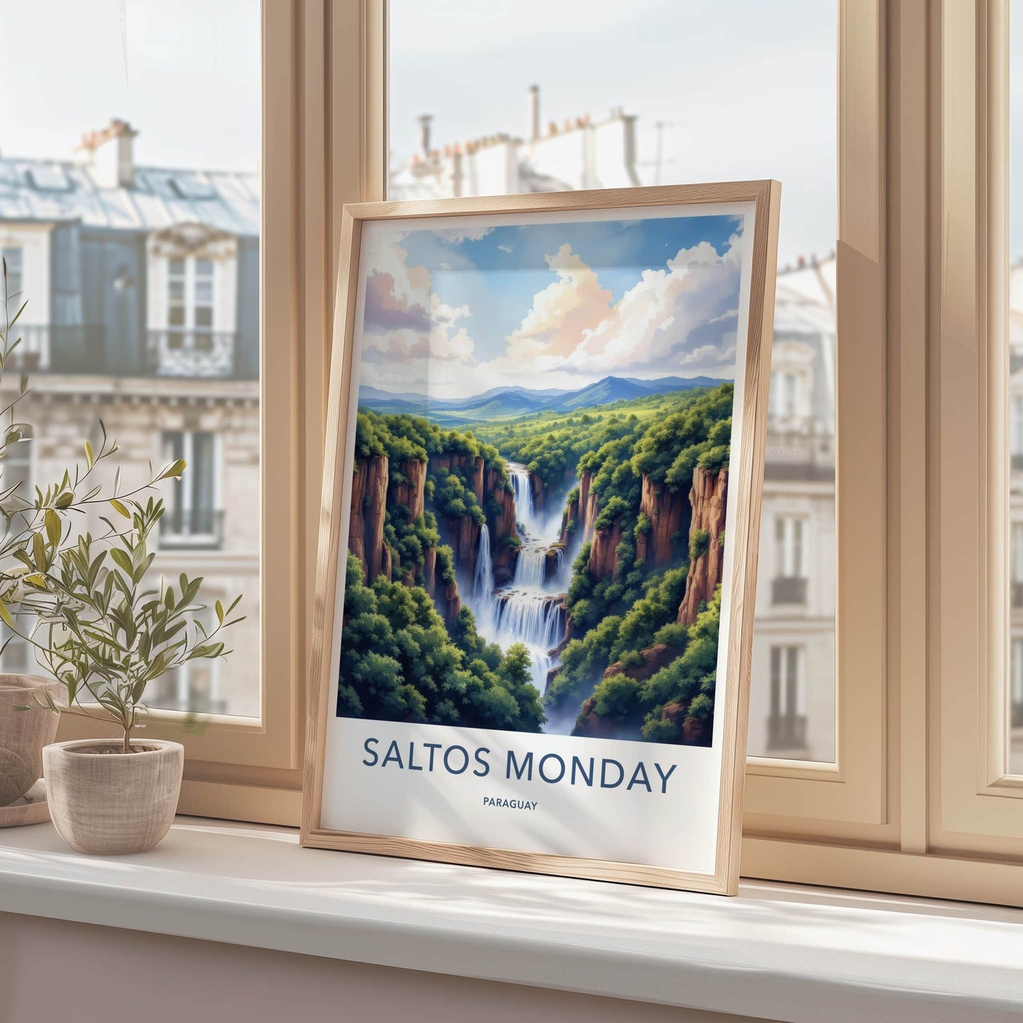 Saltos Monday Poster - Paraguay Travel Art - Majestic Cliff Waterfalls Wall Decor