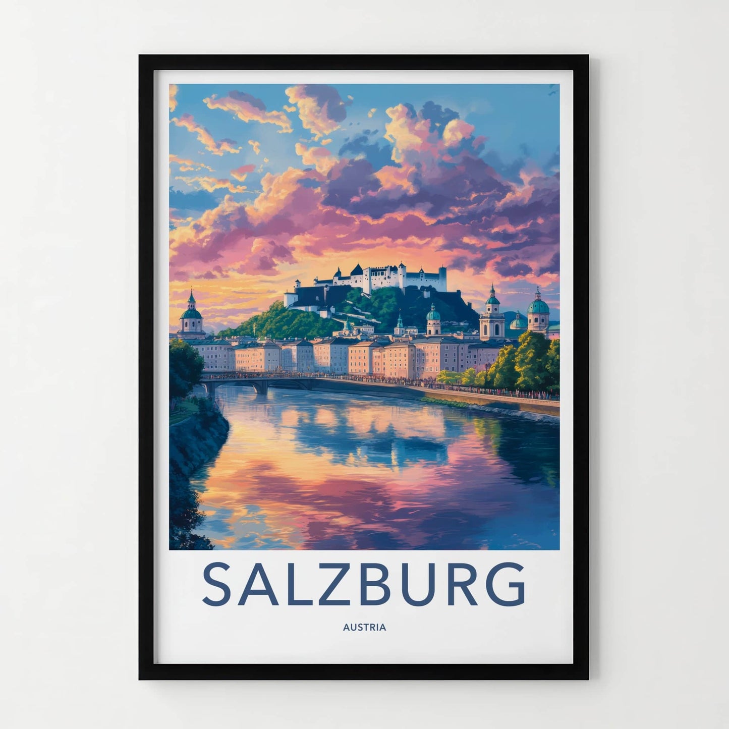Salzburg Poster - Austria Framed Print - Vibrant Sunset Castle Lounge Decor