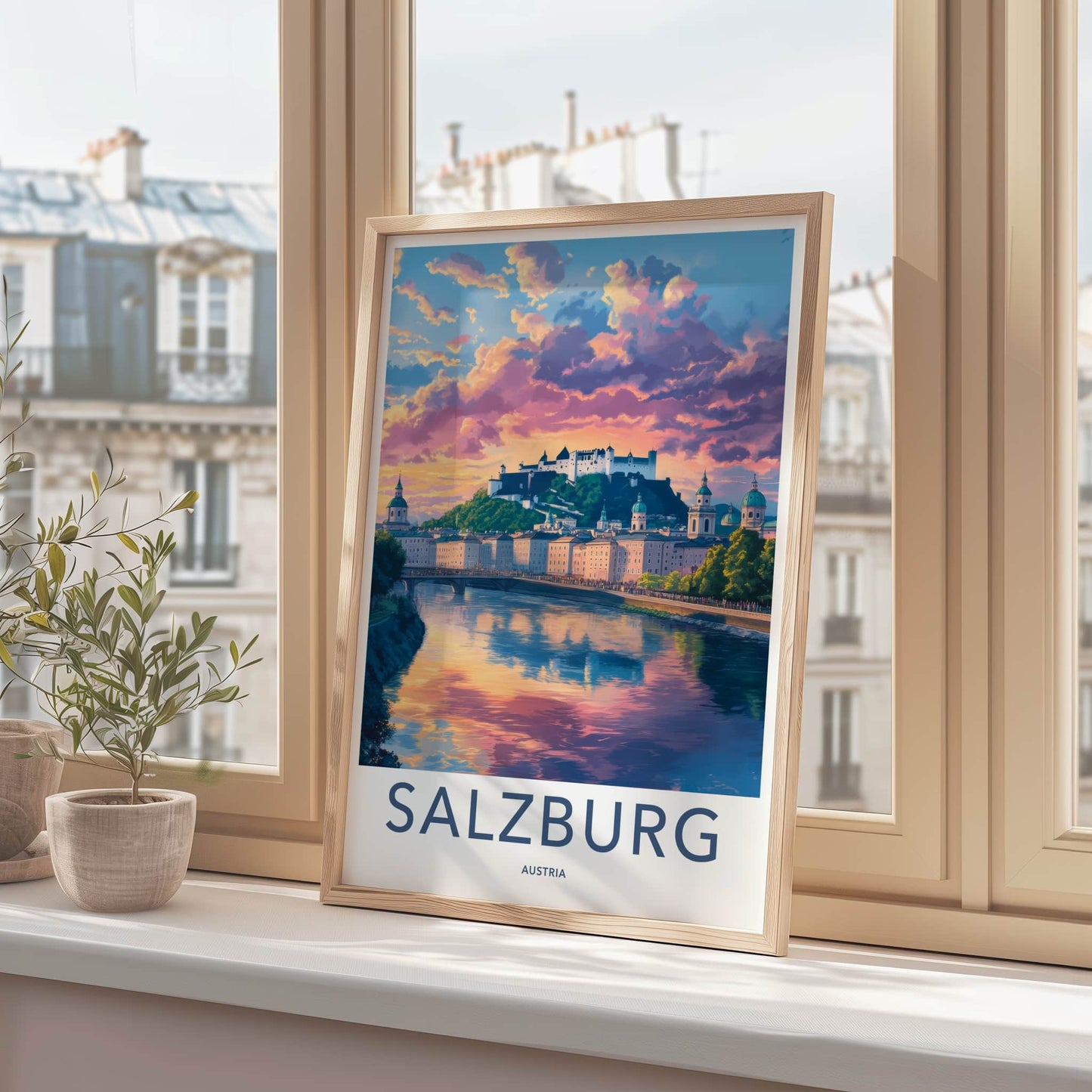 Salzburg Poster - Austria Framed Print - Vibrant Sunset Castle Lounge Decor