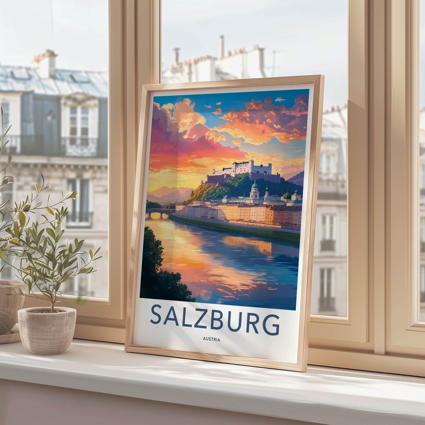 Salzburg Poster - Austria Travel Art - Colorful River Sunset Home Decor