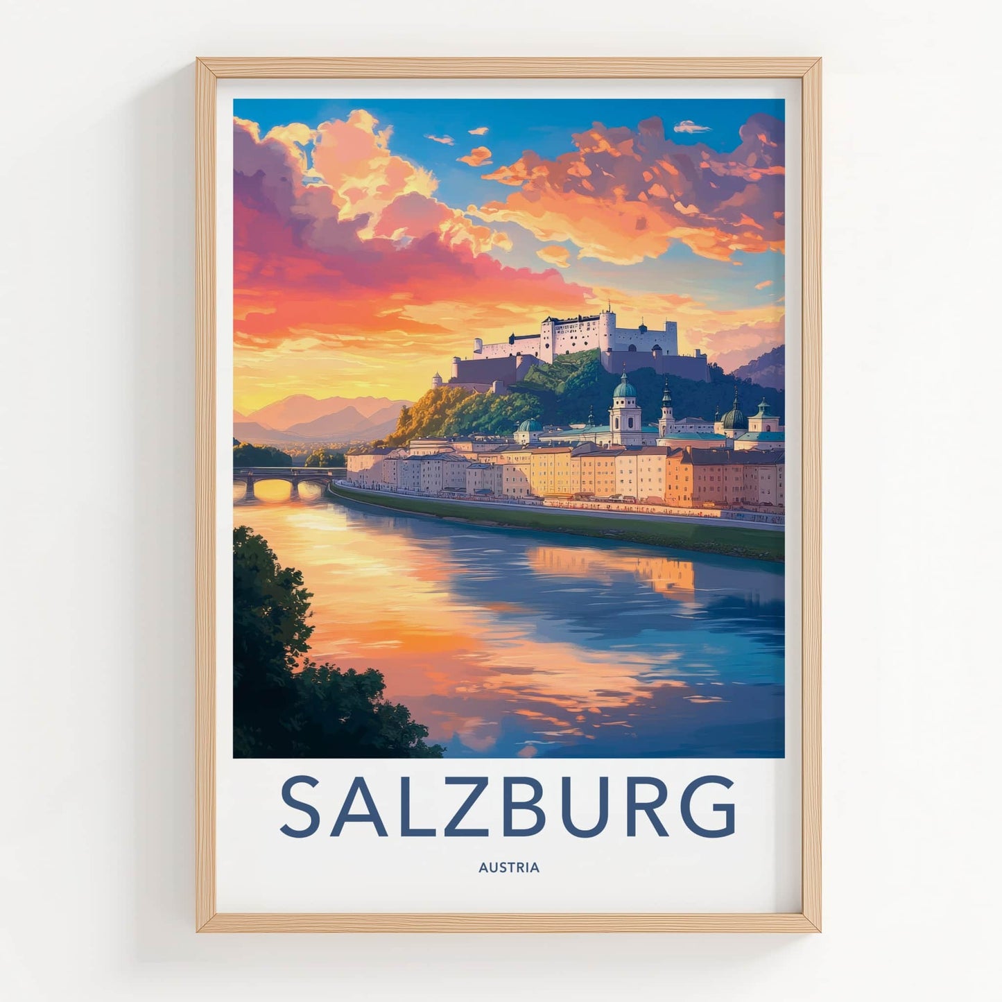Salzburg Poster - Austria Travel Art - Colorful River Sunset Home Decor