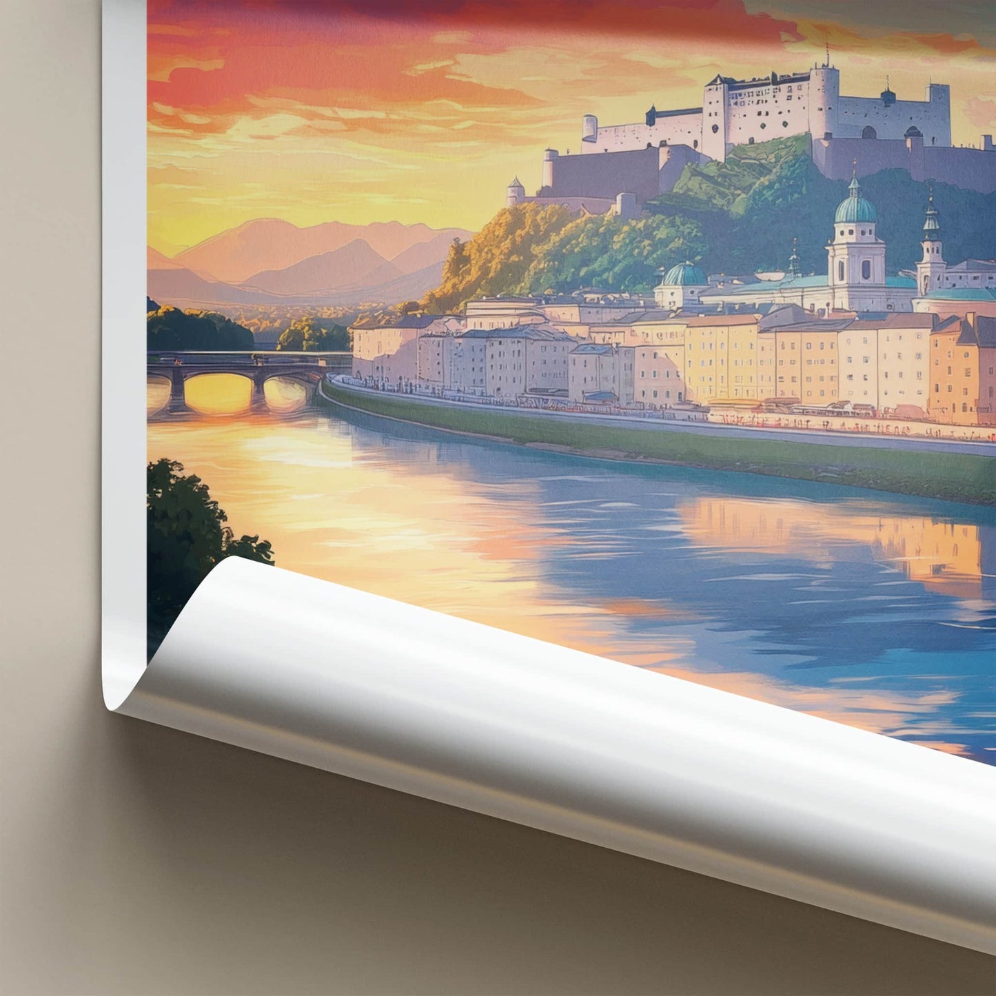 Salzburg Poster - Austria Travel Art - Colorful River Sunset Home Decor