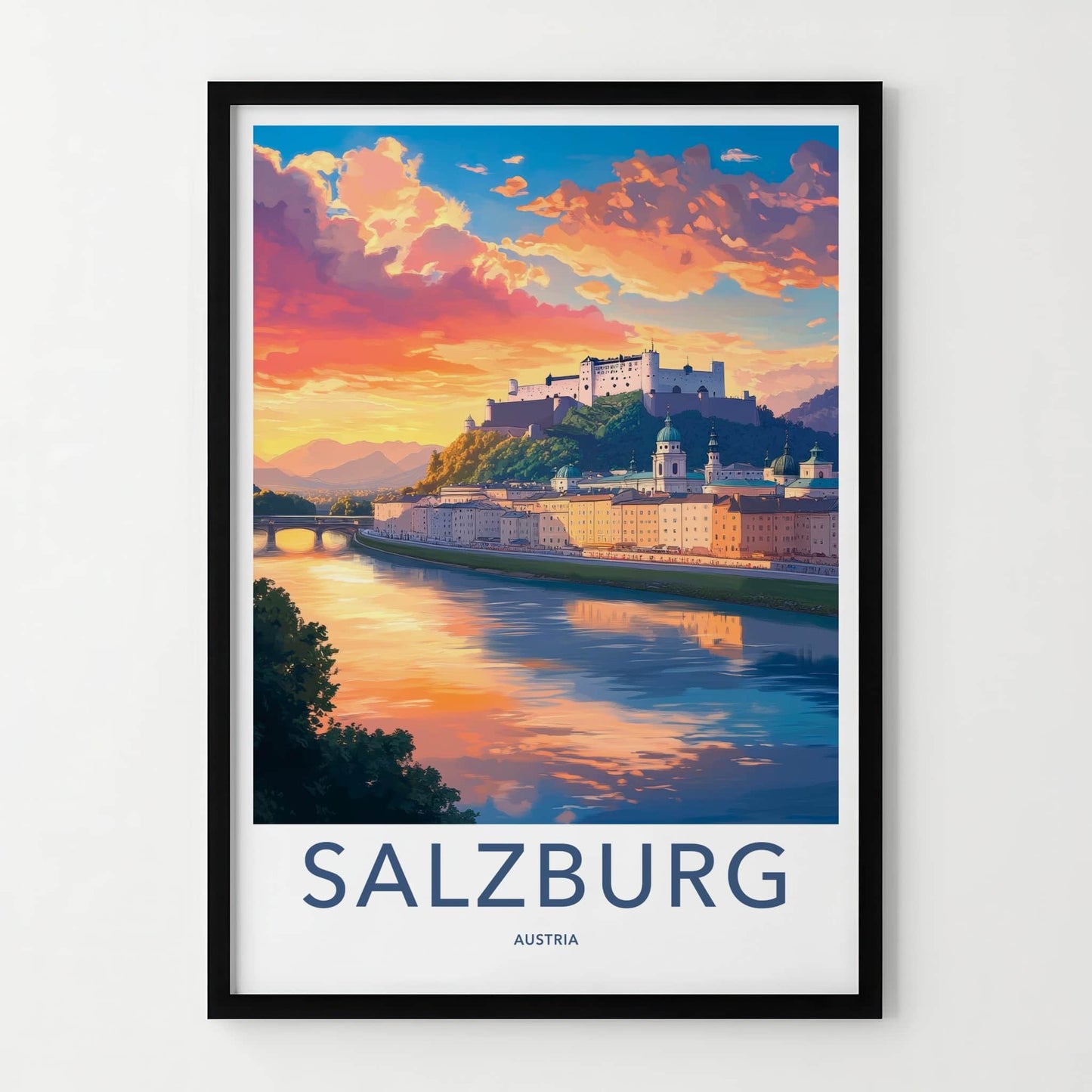 Salzburg Poster - Austria Travel Art - Colorful River Sunset Home Decor