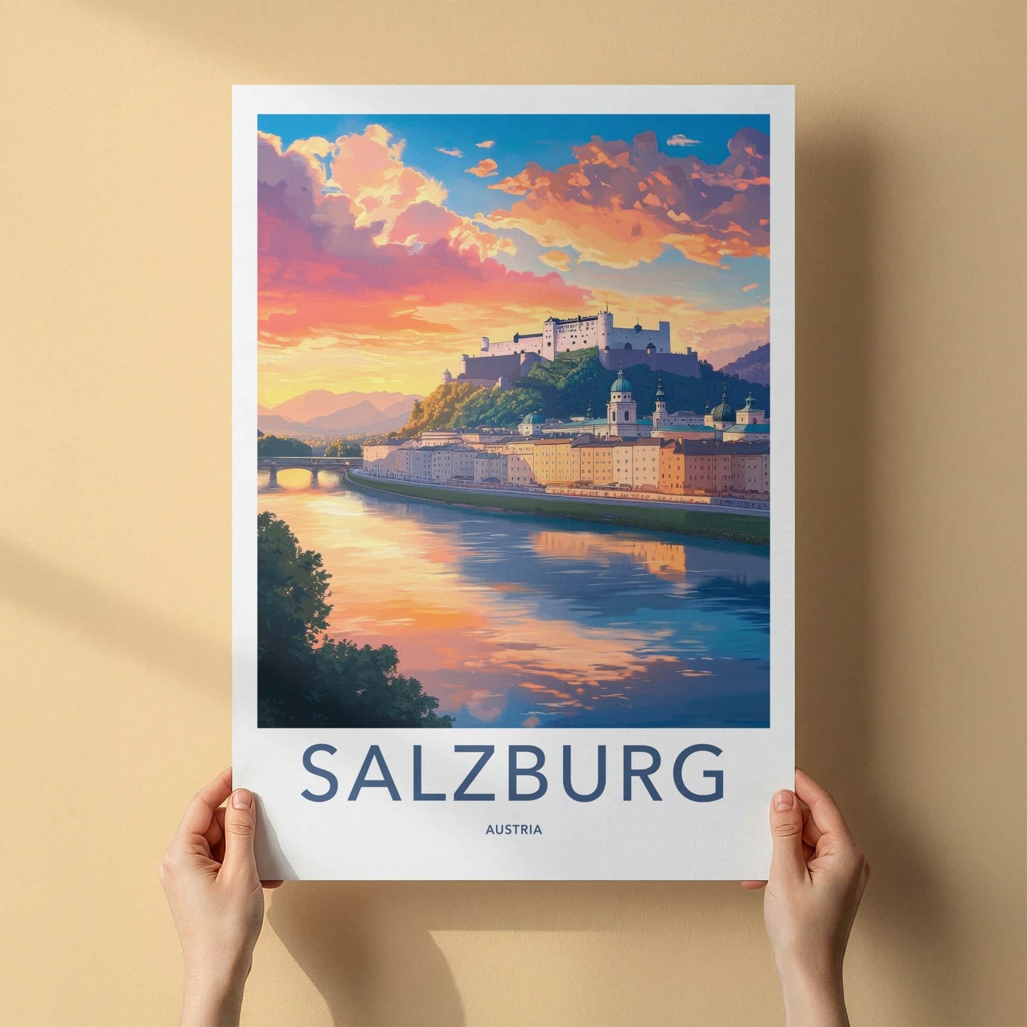 Salzburg Poster - Austria Travel Art - Colorful River Sunset Home Decor