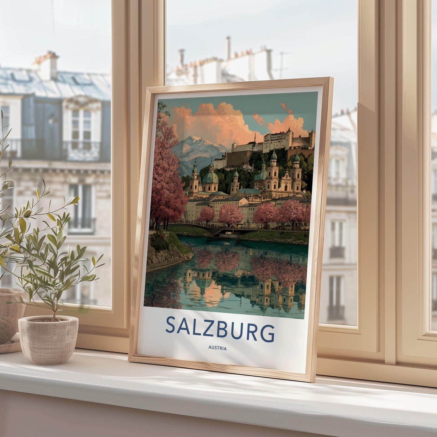 Salzburg Poster - Austria Travel Art - Pink Blossoms Reflection Home Decor
