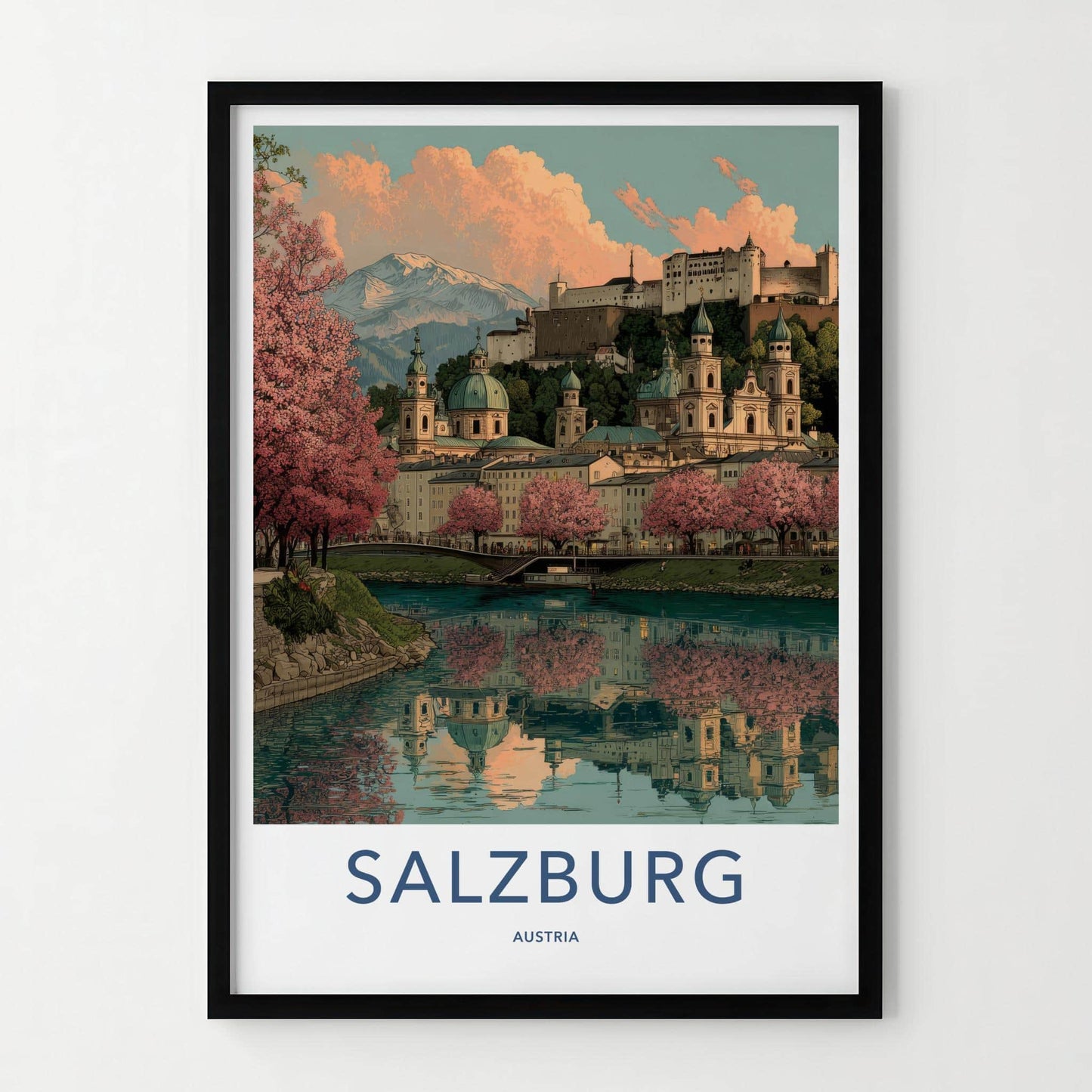 Salzburg Poster - Austria Travel Art - Pink Blossoms Reflection Home Decor