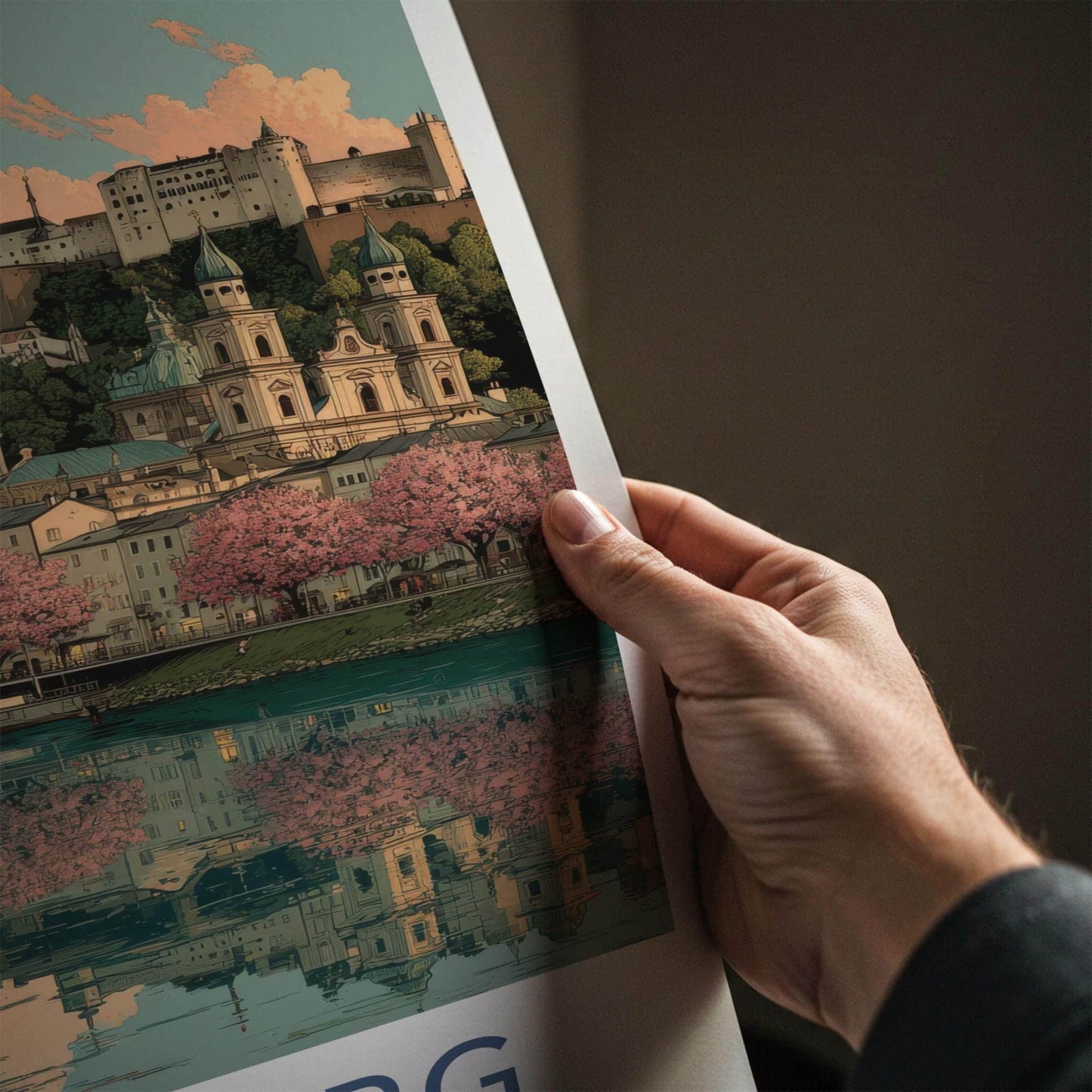 Salzburg Poster - Austria Travel Art - Pink Blossoms Reflection Home Decor