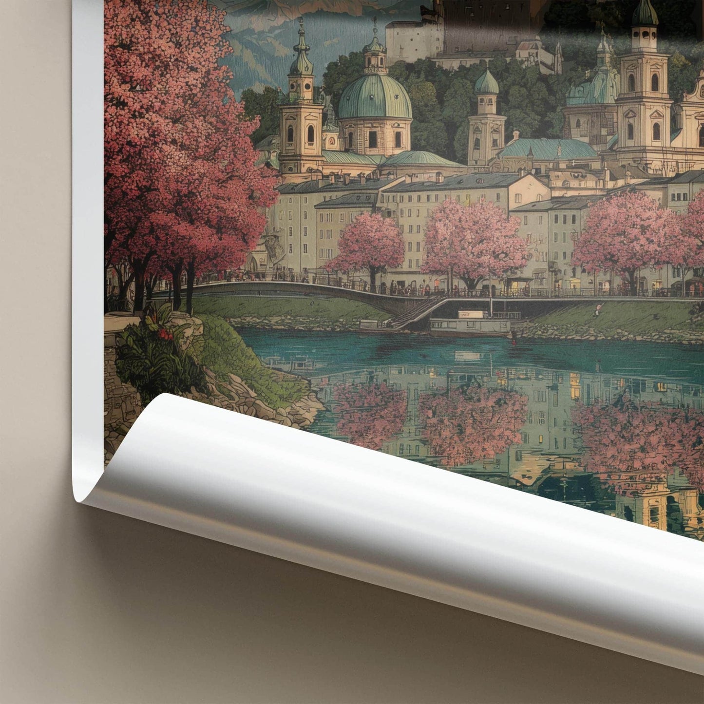 Salzburg Poster - Austria Travel Art - Pink Blossoms Reflection Home Decor