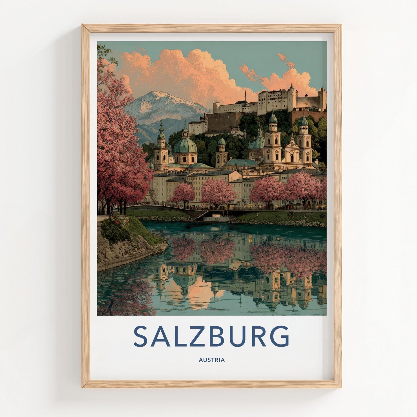 Salzburg Poster - Austria Travel Art - Pink Blossoms Reflection Home Decor