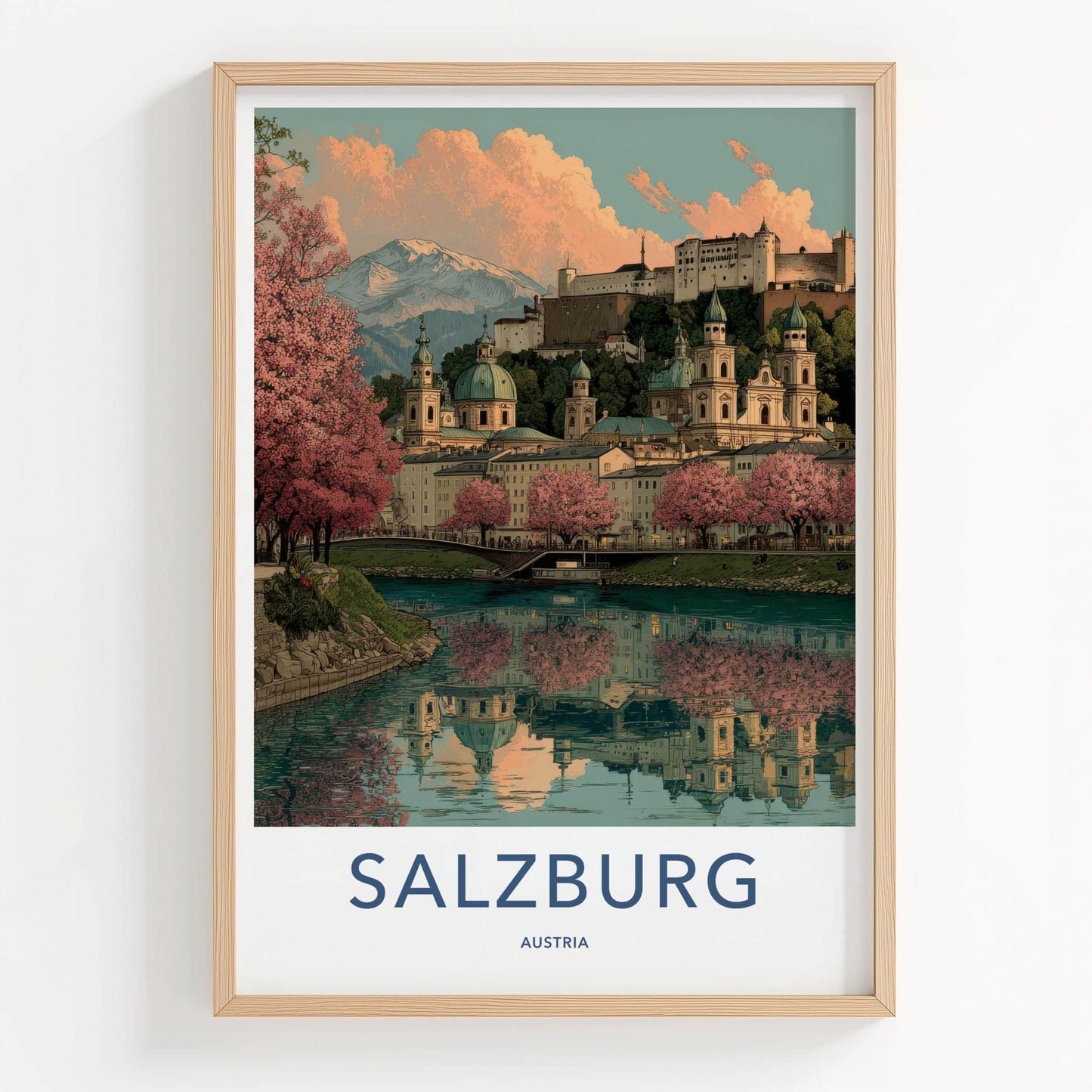 Salzburg Poster - Austria Travel Art - Pink Blossoms Reflection Home Decor