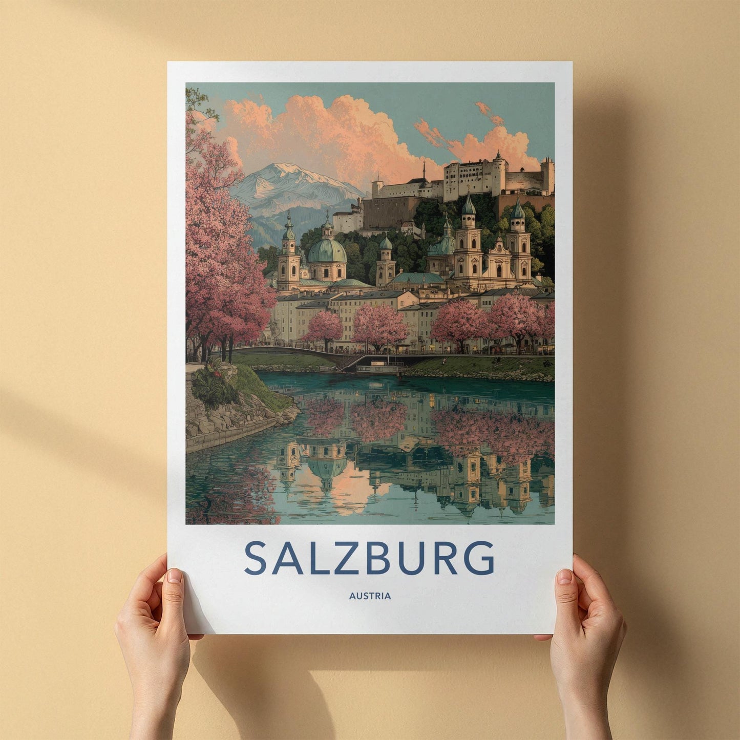 Salzburg Poster - Austria Travel Art - Pink Blossoms Reflection Home Decor