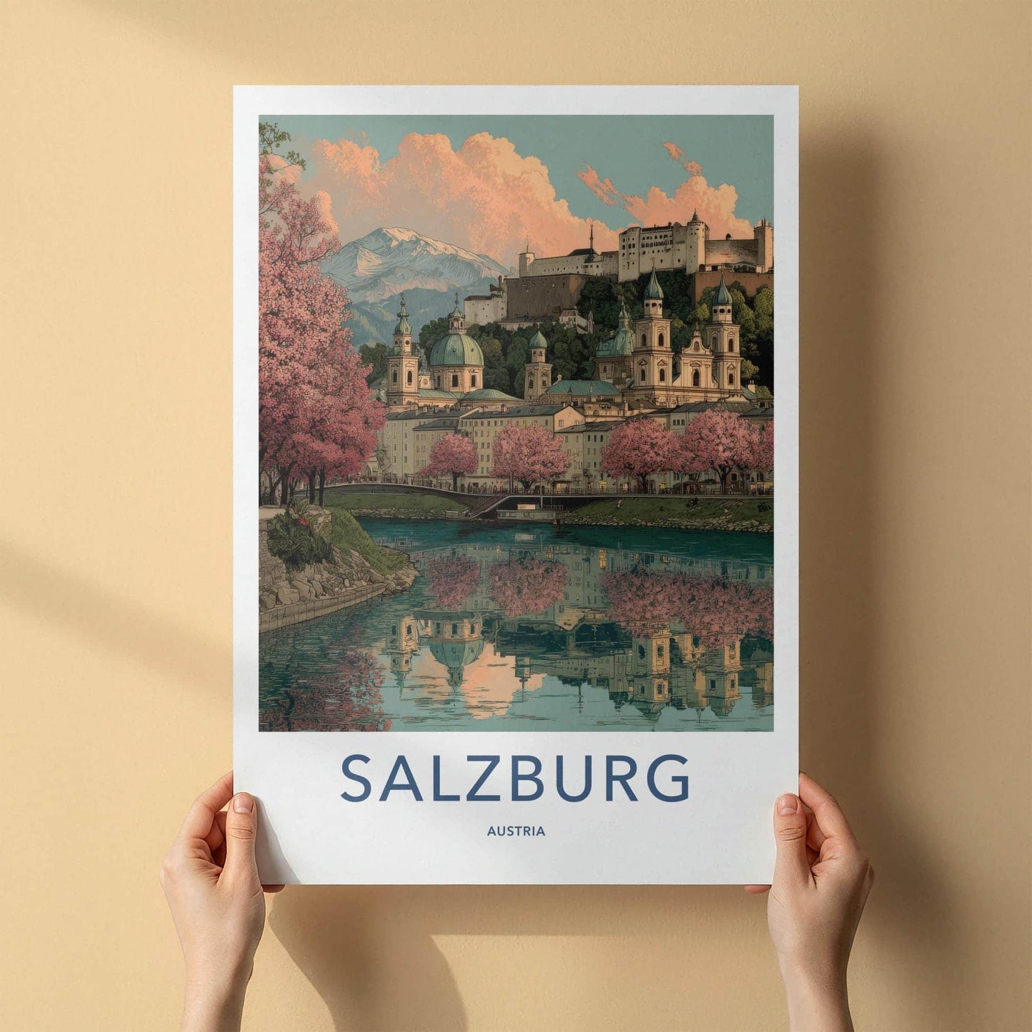 Salzburg Poster - Austria Travel Art - Pink Blossoms Reflection Home Decor
