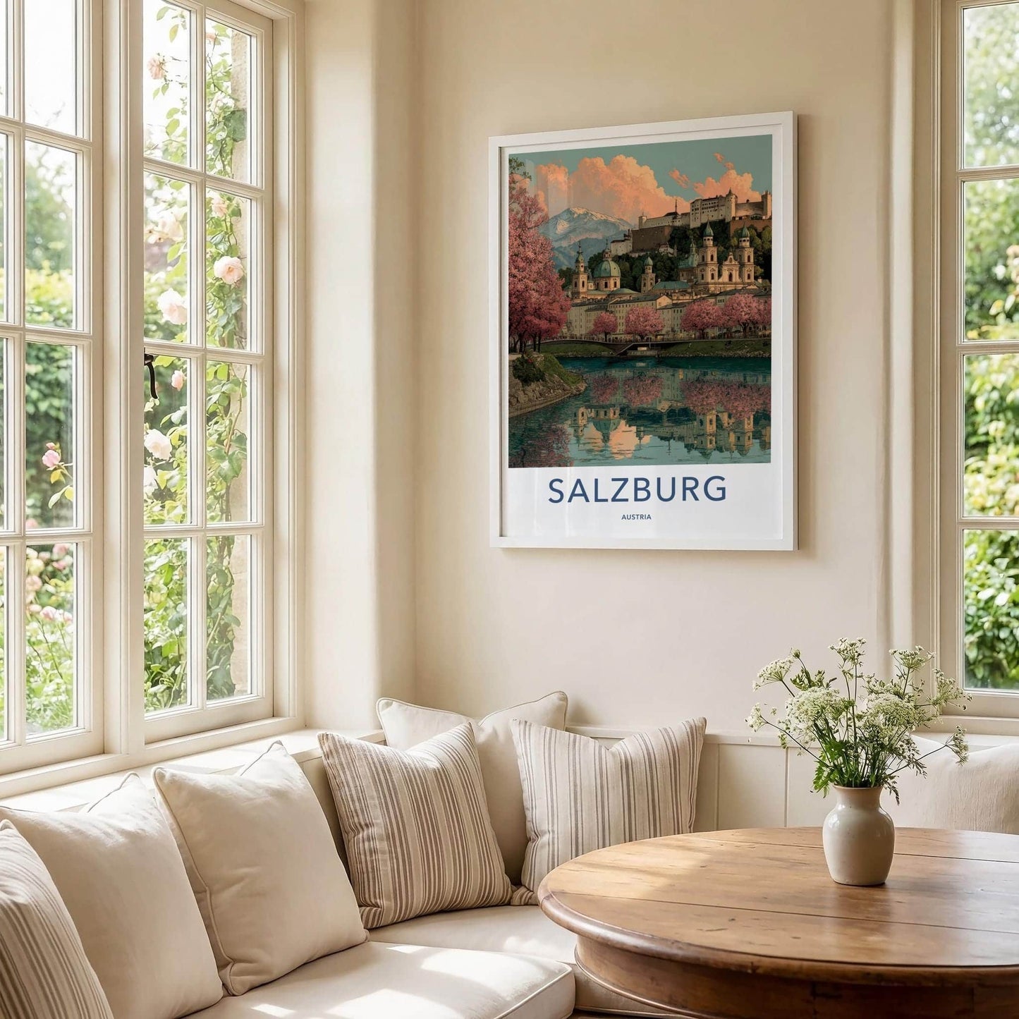 Salzburg Poster - Austria Travel Art - Pink Blossoms Reflection Home Decor