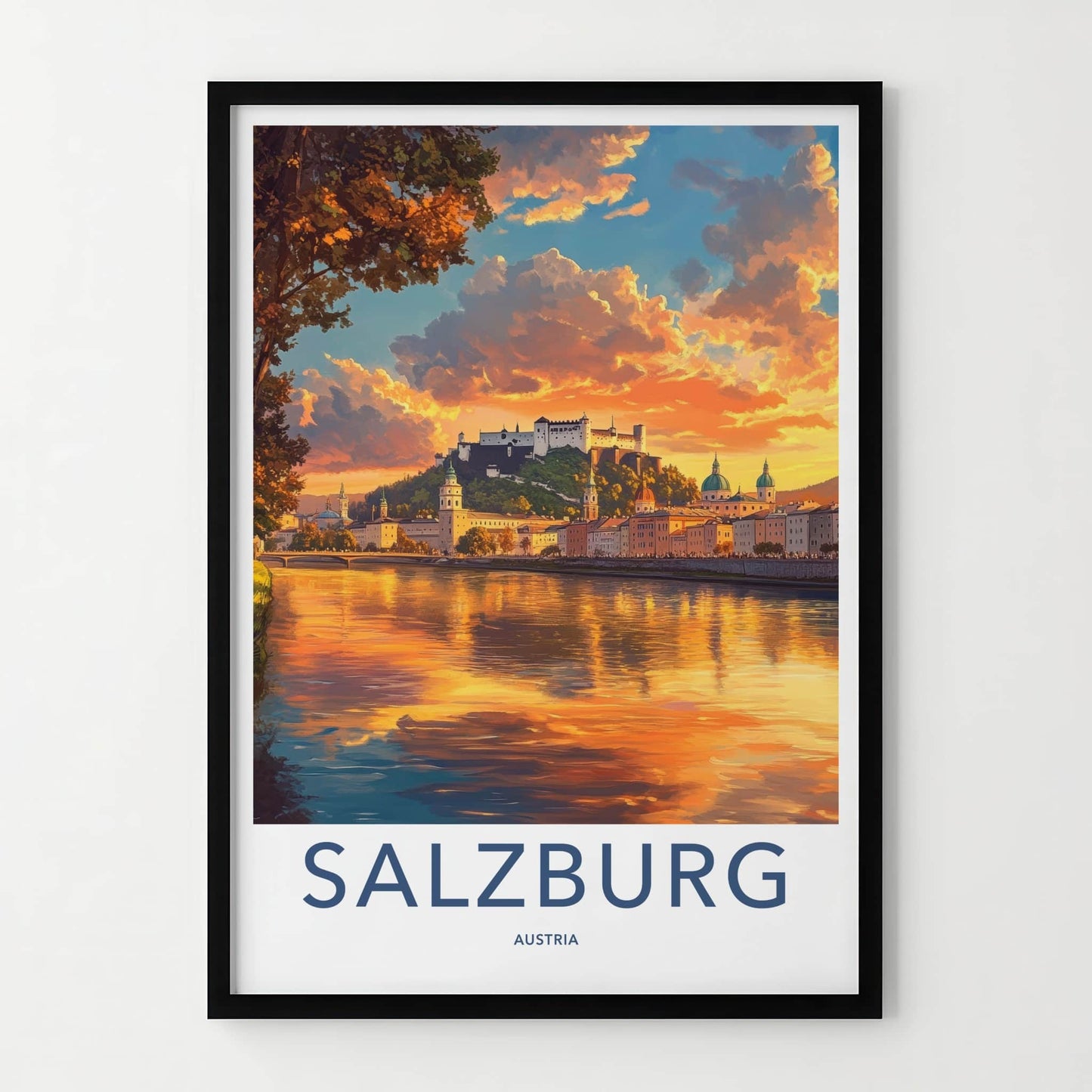 Salzburg Poster - Austria Travel Art - River Castle Sunset Home Decor