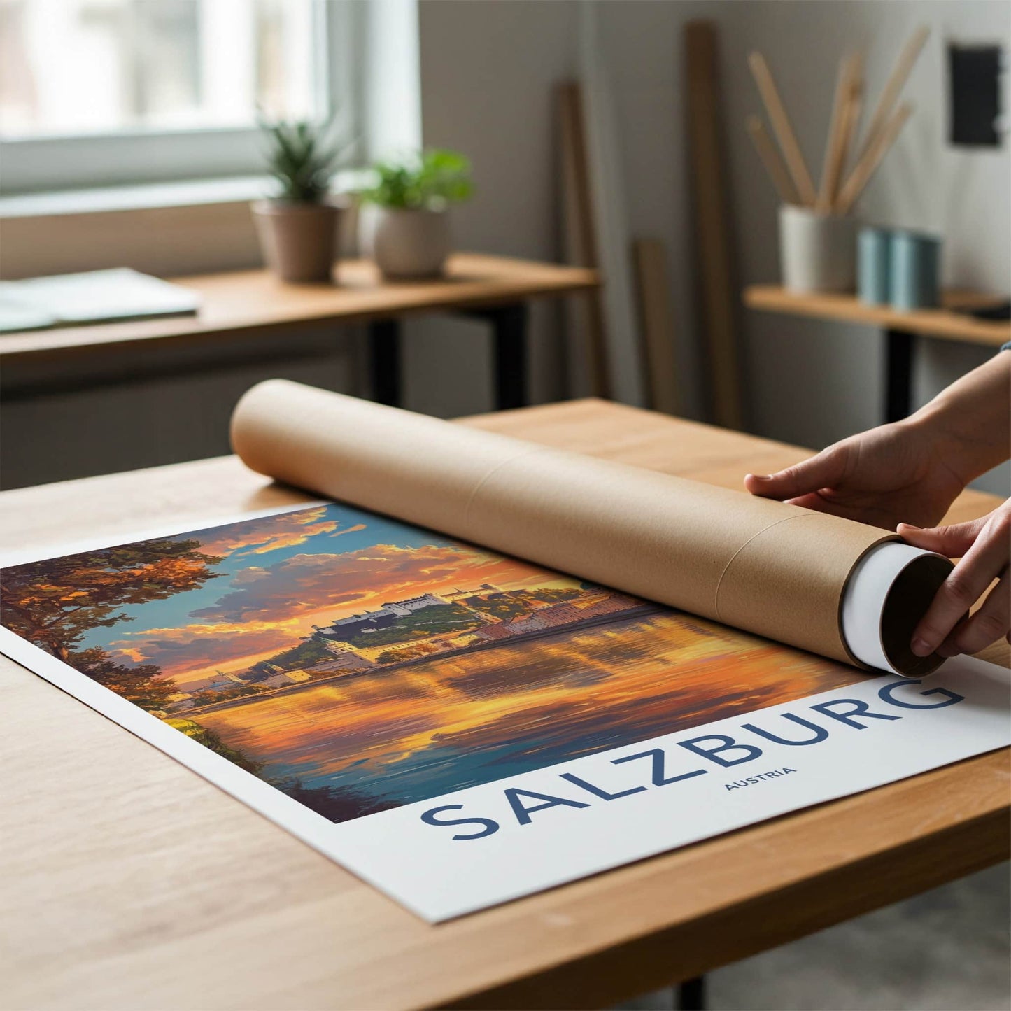 Salzburg Poster - Austria Travel Art - River Castle Sunset Home Decor