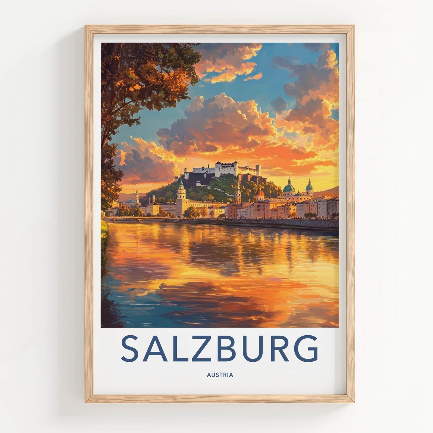 Salzburg Poster - Austria Travel Art - River Castle Sunset Home Decor