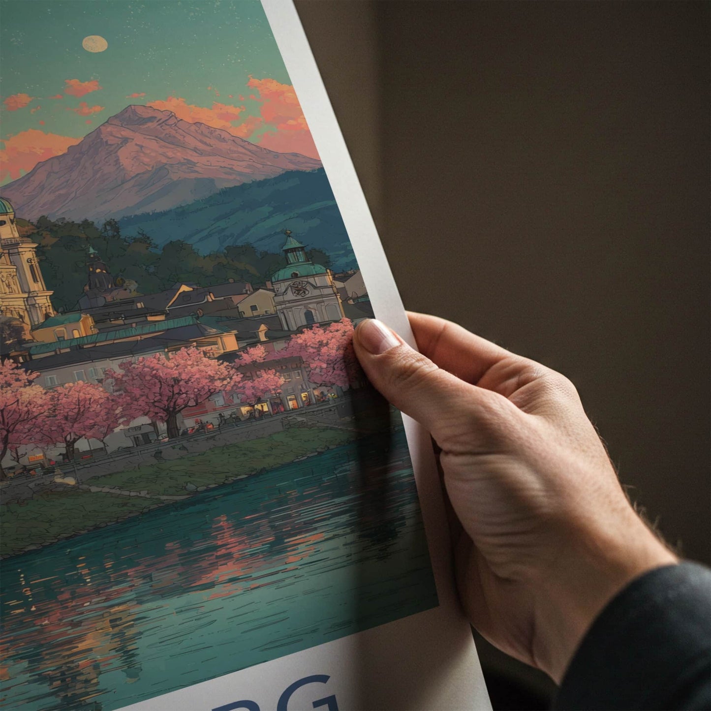 Salzburg Poster - Austria Travel Art - Riverside Cherry Blossoms Home Decor