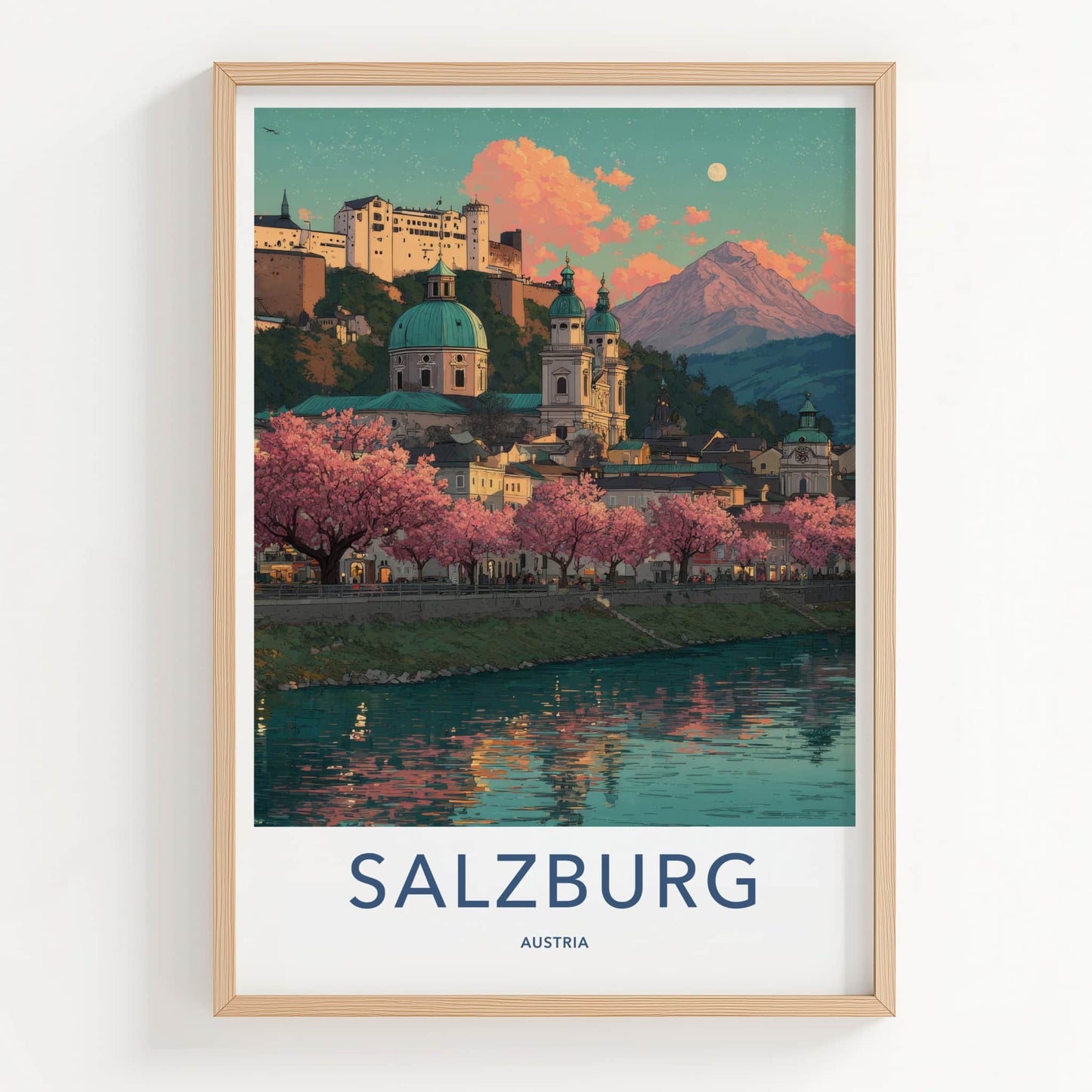 Salzburg Poster - Austria Travel Art - Riverside Cherry Blossoms Home Decor