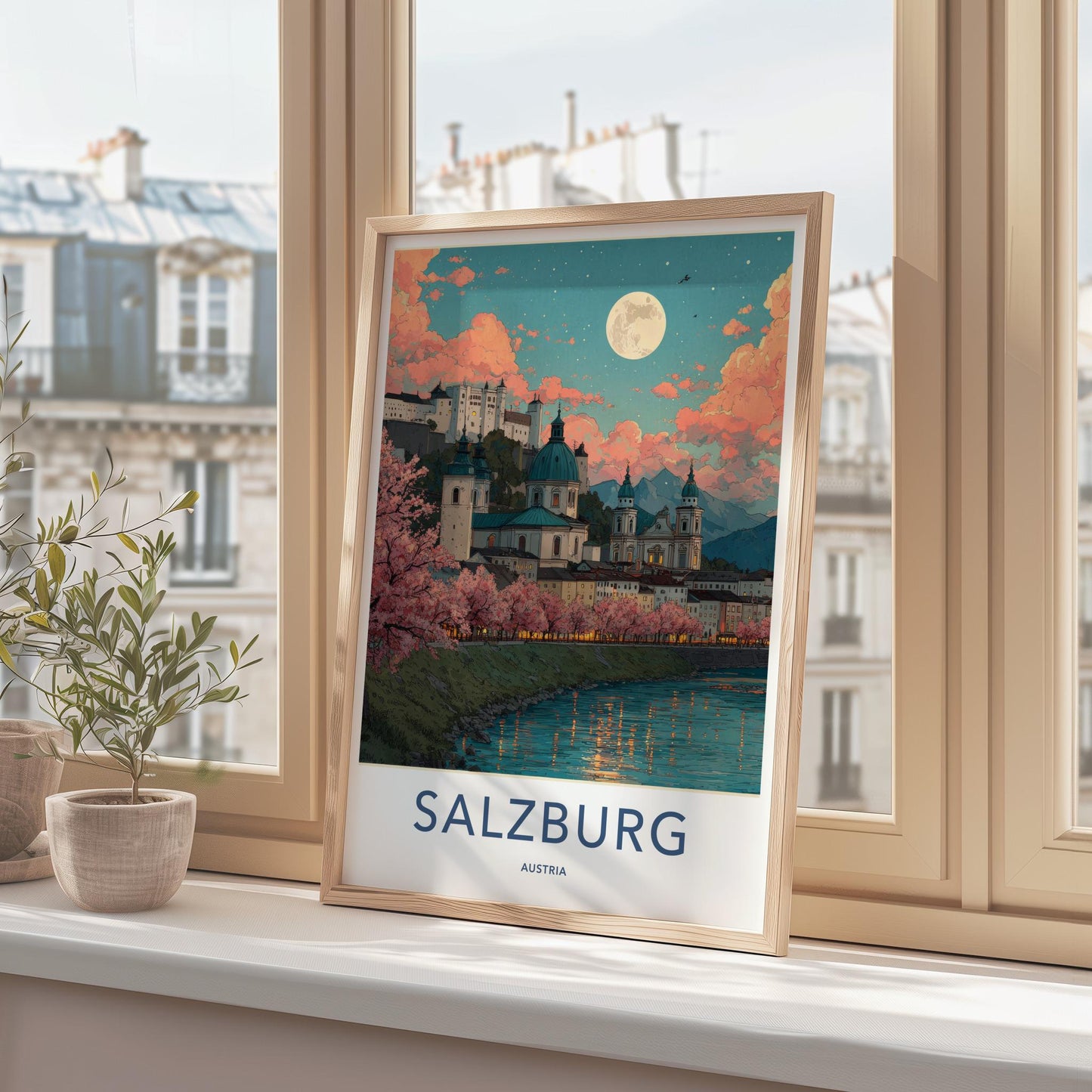 Salzburg Poster - Austria Travel Print - Moonlit Cityscape River Wall Decor