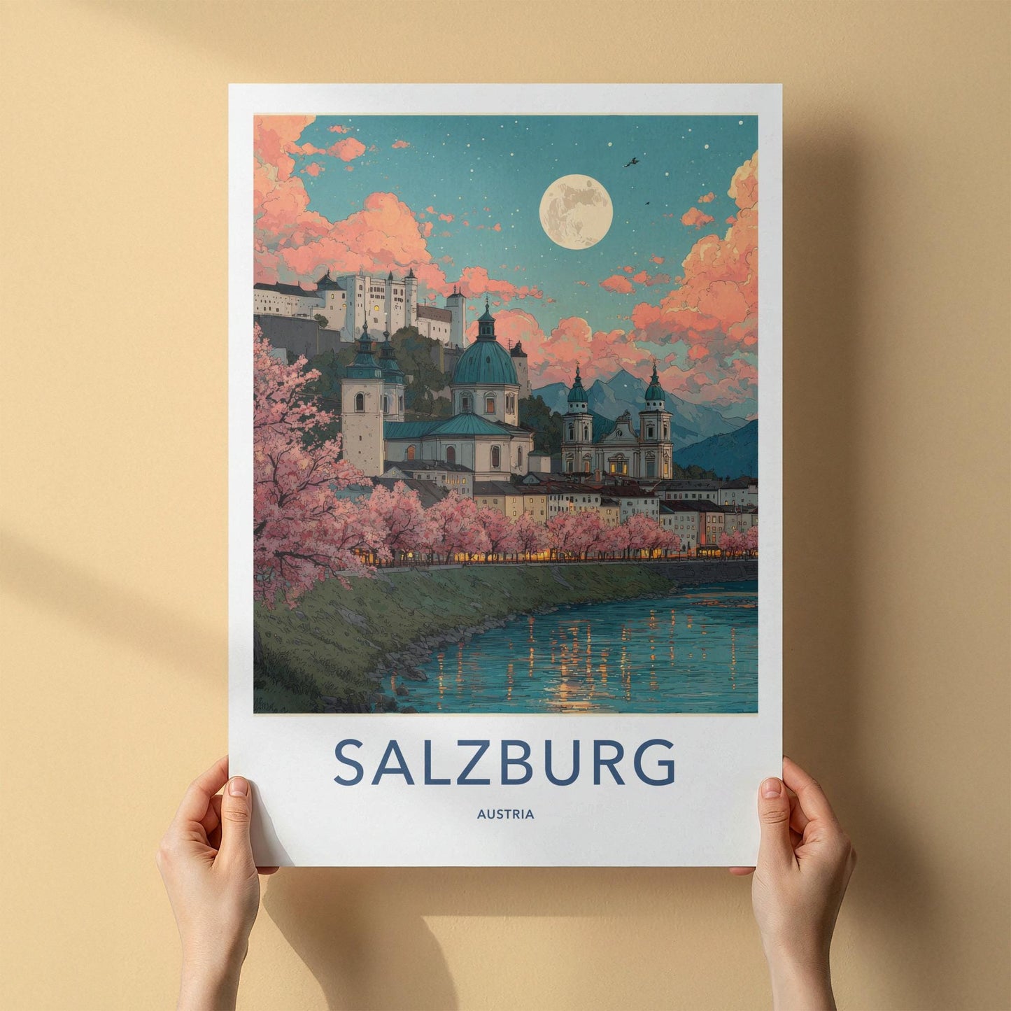 Salzburg Poster - Austria Travel Print - Moonlit Cityscape River Wall Decor