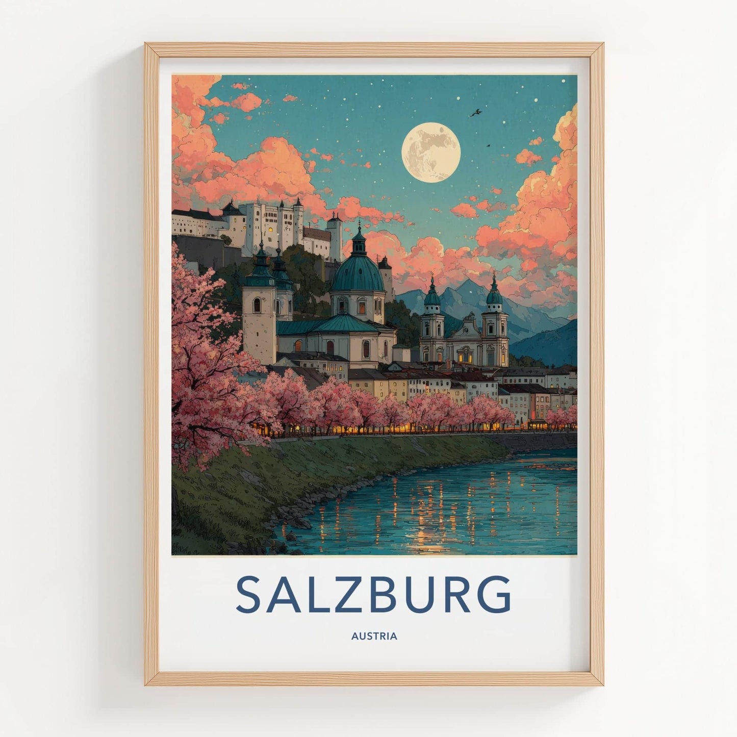 Salzburg Poster - Austria Travel Print - Moonlit Cityscape River Wall Decor