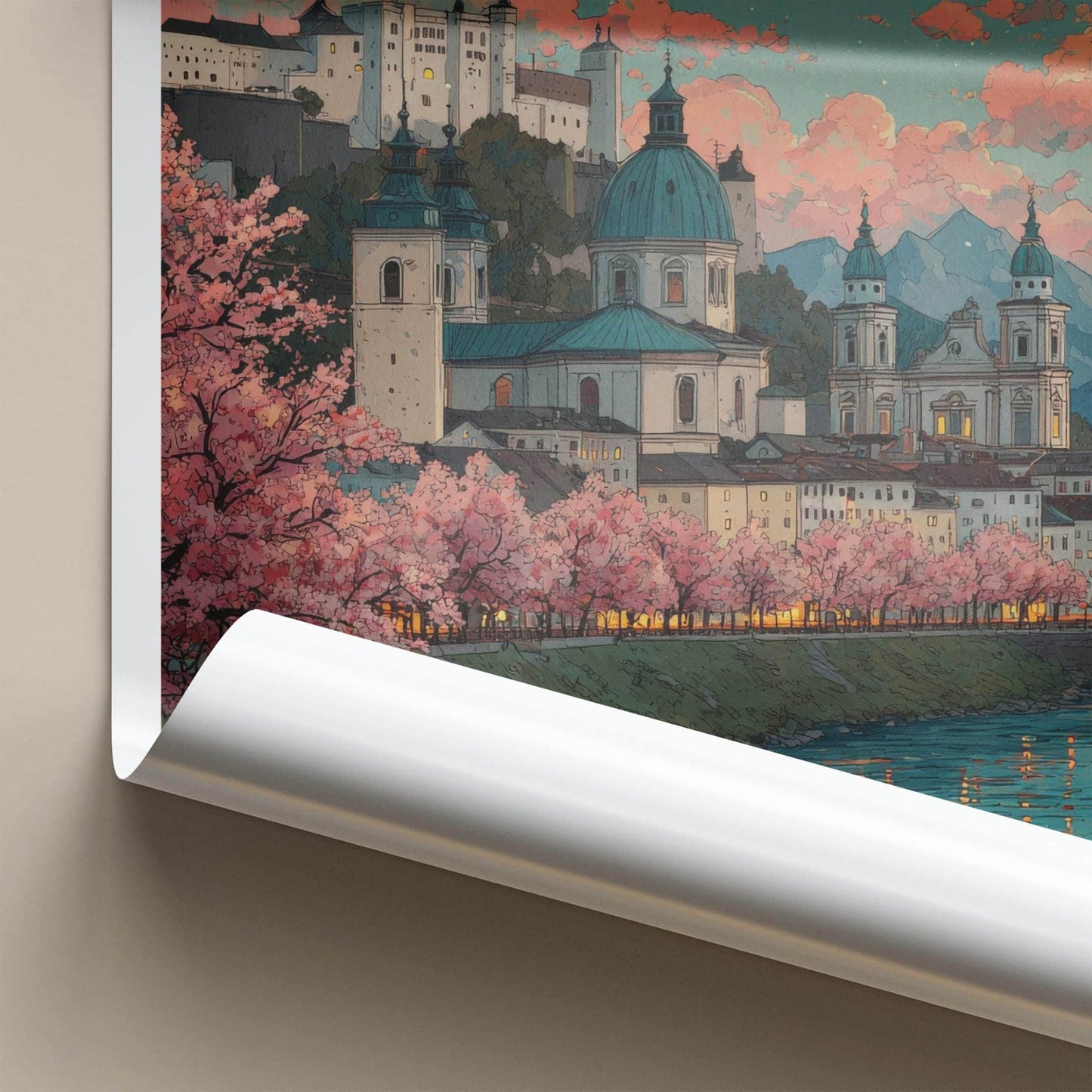 Salzburg Poster - Austria Travel Print - Moonlit Cityscape River Wall Decor
